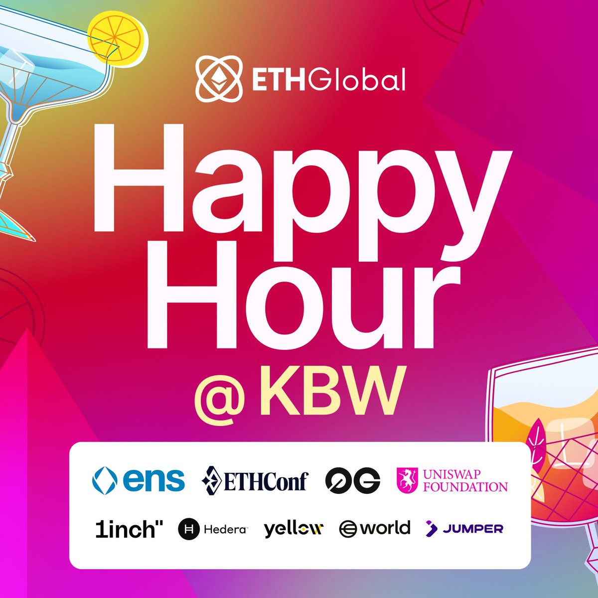 ETHGlobal's tweet photo. Heading to @KBW2026 next week? 🇰🇷

We’re bringing ETHGlobal Happy Hour to Seoul on Sep 29 from 6–9PM!

Special thanks to our partners: @ensdomains @ethconf @0G_labs @UniswapFND @1inch @hedera @Yellow @worldnetwork @jumperapp

RSVP: https://t.co/KkOmuUPTSO https://t.co/qWnTP8QsPh