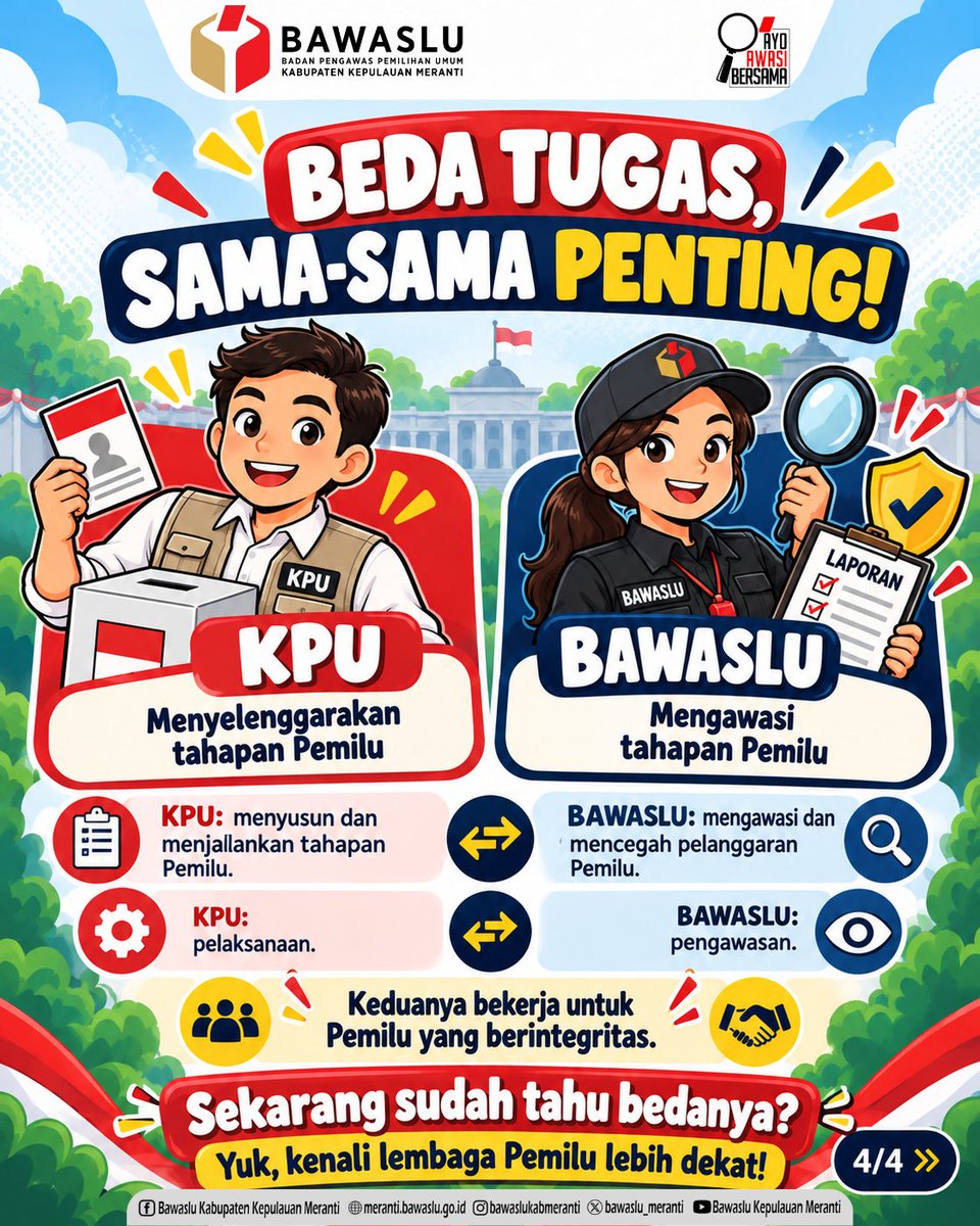 Bawaslu_Meranti's tweet photo. 🗳️ KPU vs BAWASLU
Sering ketukar, padahal beda tugas! https://t.co/vQ3GEGY1GH