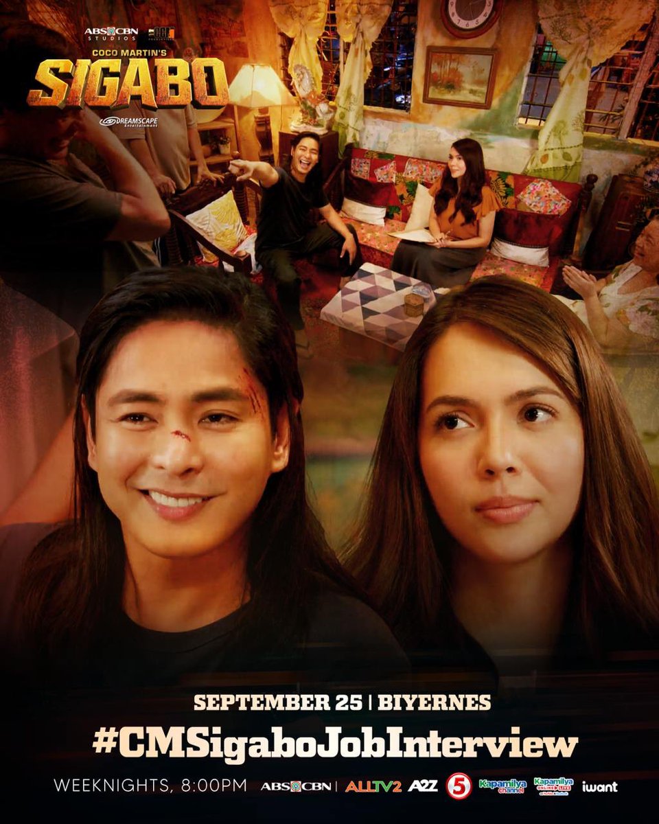 DreamscapePH's tweet photo. Pasado kaya si Gabo sa mga tanong ni Gloria? 🤔 Tutukan ngayong gabi sa #CMSigaboJobInterview

Coco Martin’s Sigabo, gabi-gabi, 8:00PM sa ABS-CBN sa AllTV2, A2Z, Kapamilya Channel, Kapamilya Online Live sa Facebook at Youtube, iWant at mapapanood din sa TV5! https://t.co/j3vHBD6hqX