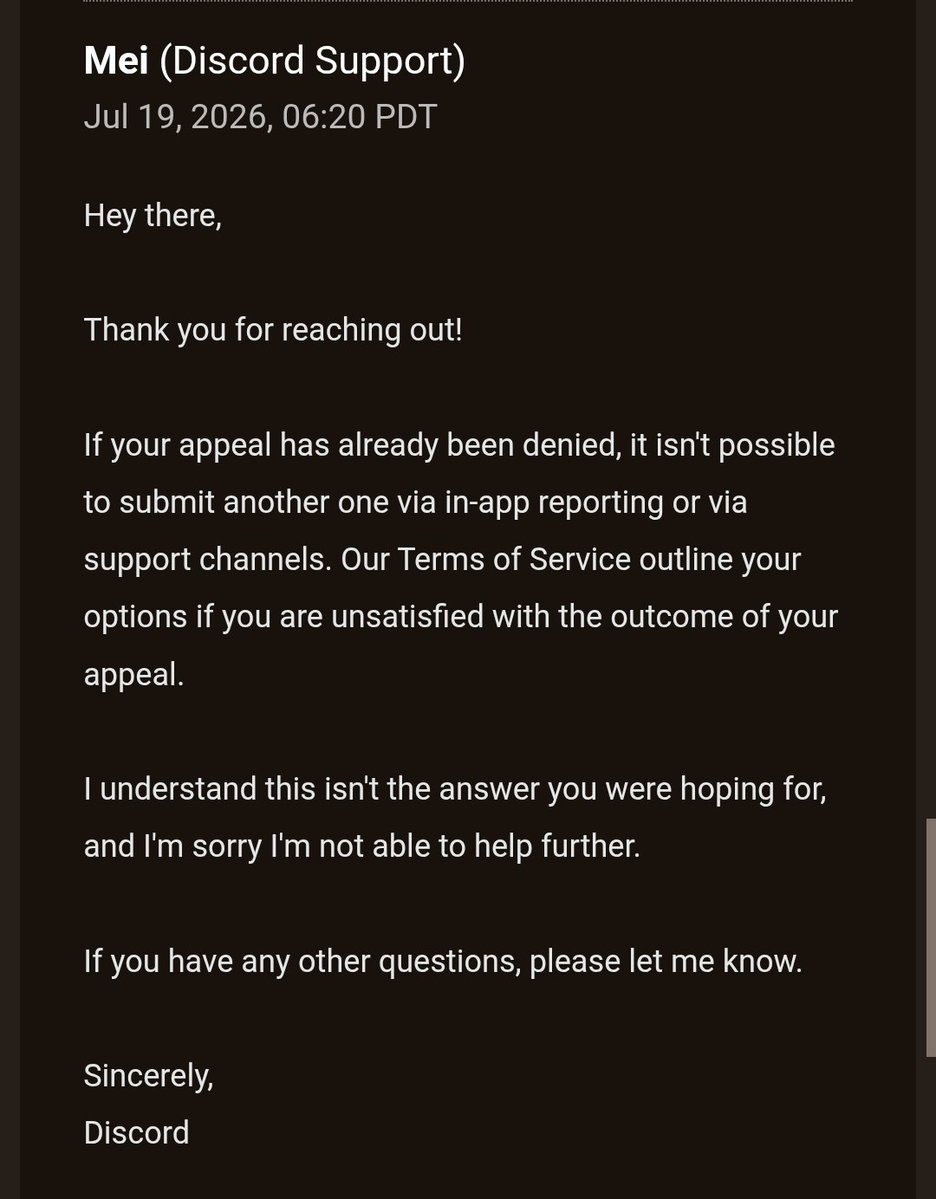 HeaxenMain's tweet photo. @WorthlessWillow @discord @discord_support @advaithj1 Yup. Been through a million chat loops with their stupid ass AI chat bot in their support and have never received any actual help. 10+ year old account that got permanently banned after it was hacked by someone through a Minecraft mod. Got hacked July 4 🥹 https://t.co/zHhmT7Qfi5
