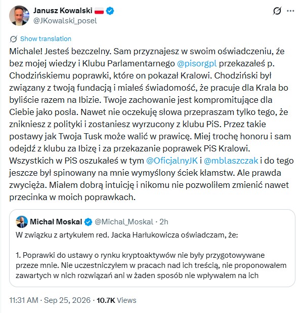 GasewiczJarek's tweet photo. Ależ się ci pisowcy gryzą. Aż miło patrzeć.
A wszystko przez taką niby-aferkę ZondaCrypto, z którą oni podobno nie mają nic wspólnego.

Już wiedzą, że nikt nie wierzy w bajki o tym, że to nie jest afera PiS i Konfederacji. Na dodatek Moskal i Kowalski odgrywają w niej ważne role. https://t.co/OBuLWDVPcC