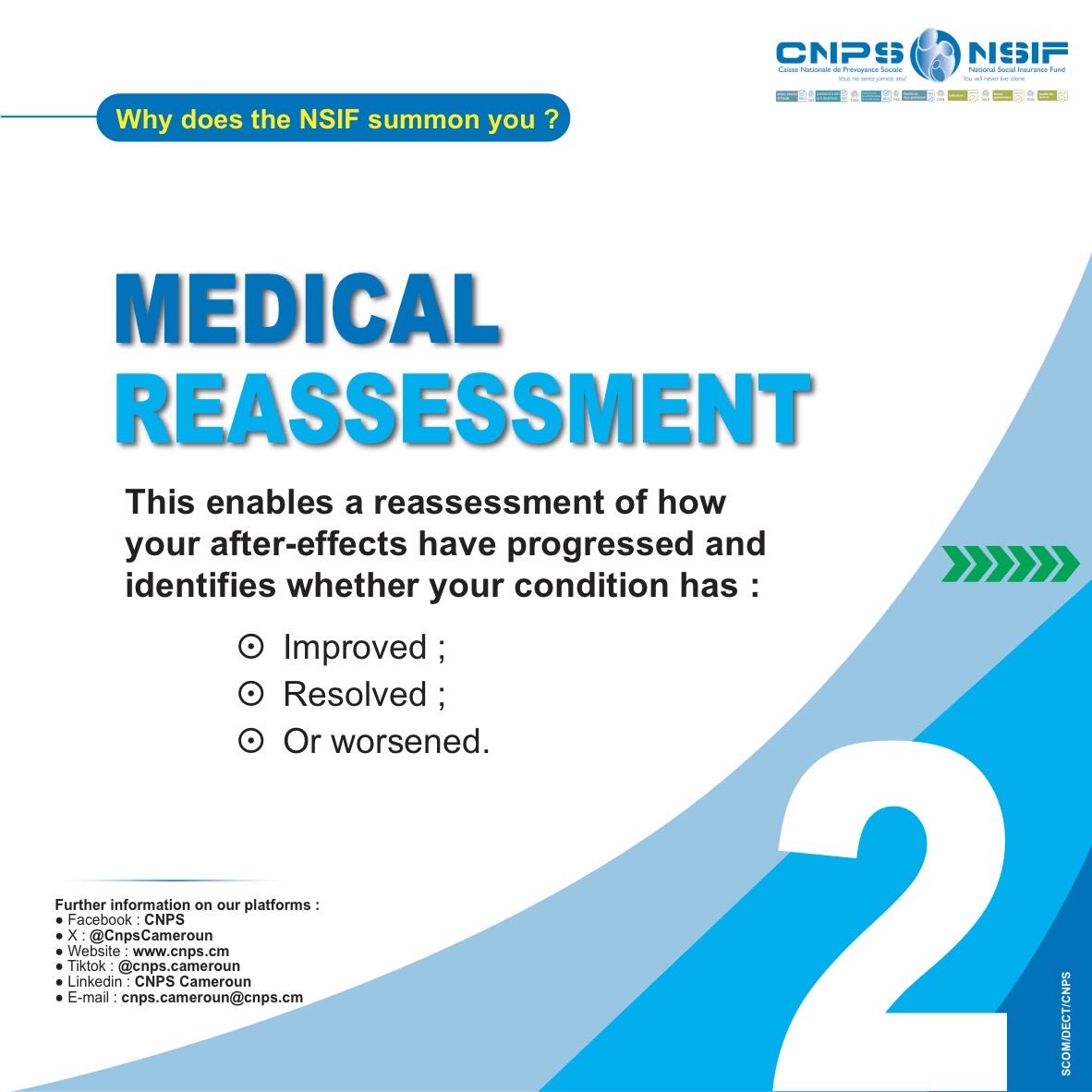 CnpsCameroun's tweet photo. 📢 WORK-RELATED ACCIDENTS & OCCUPATIONAL DISEASES
When processing a work-related accident or occupational disease claim, you may be asked to attend an appointment to help move your case forward.
👉 Here are 3 reasons why.
#Youwillneverlivealone
#NSIF #WorkRelatedAccident https://t.co/5IBDjLpEp5