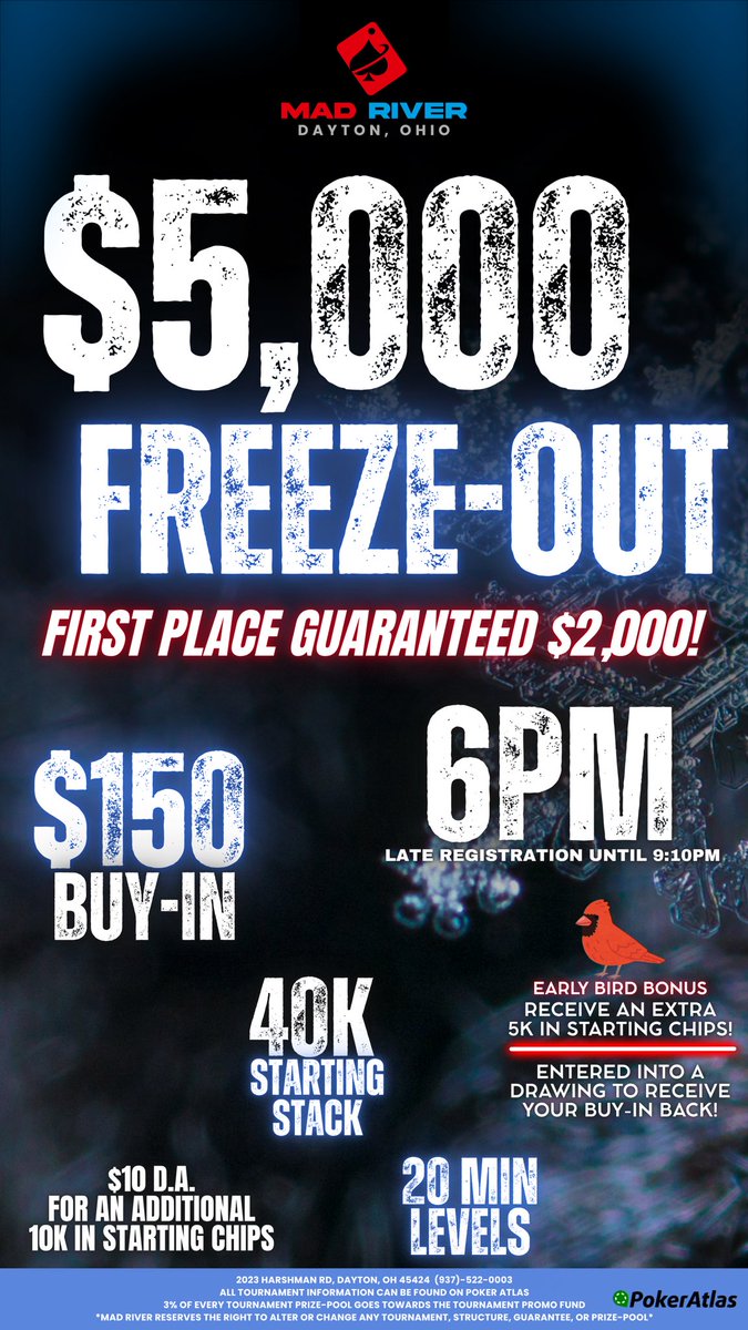 mad_river_poker's tweet photo. We are back in action today with our $5,000 guaranteed Freeze-Out! Get here early for our early bird drawing and bonus! Come peep the new carpet and layout!
#DaytonPoker #Poker #FreezeOut https://t.co/KlhbL5vZFq