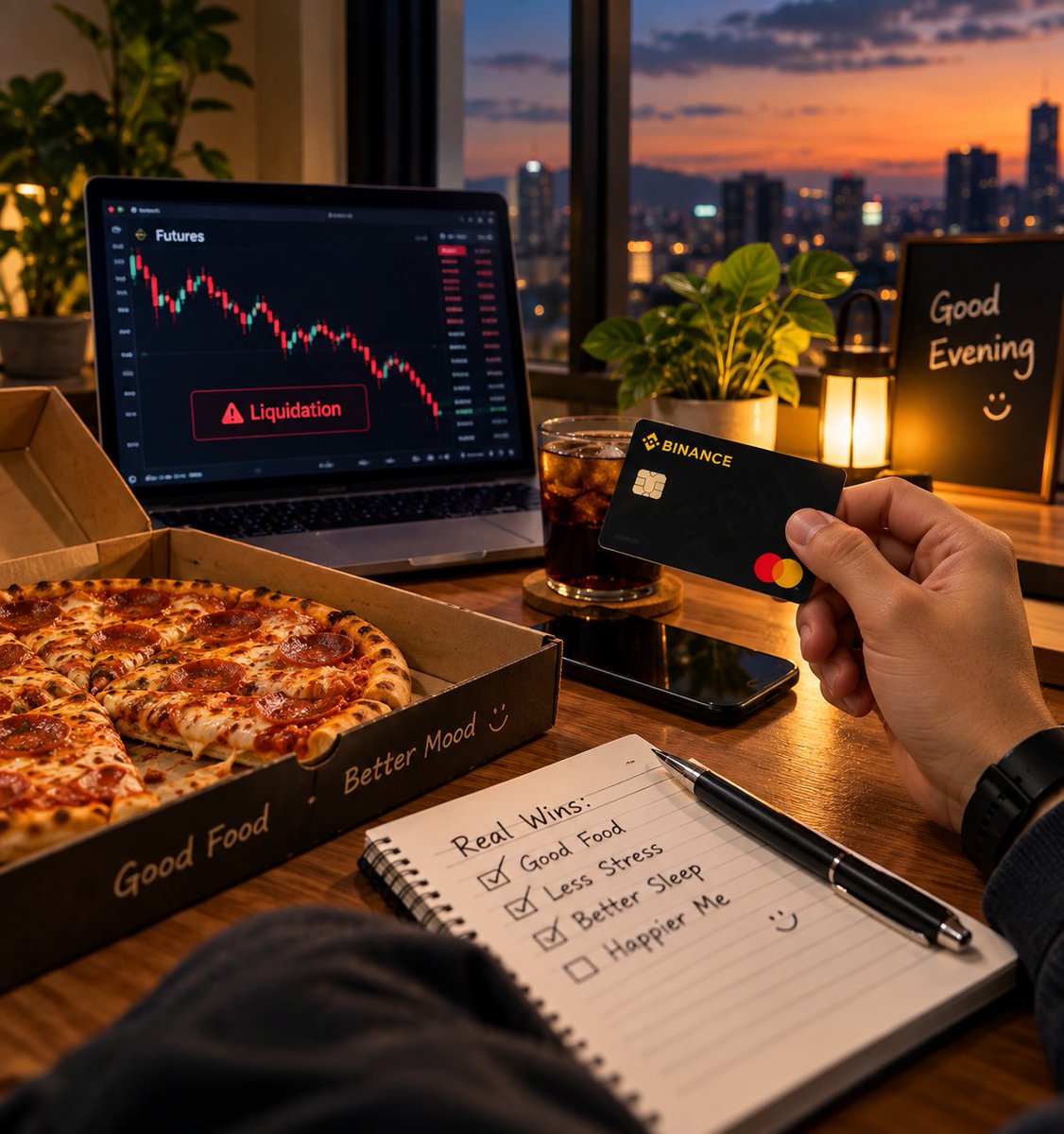 ramzancrypto786's tweet photo. Good Evening X 🌙

Not every day needs another trade.

Sometimes, closing the charts, enjoying a good meal, and protecting your peace is the real win.

Binance Card offers eligible users in supported markets another way to use crypto for everyday spending, subject to applicable terms.

Trade with discipline. Spend thoughtfully. Never let the market cost you your peace of mind.

What would you choose after a stressful trading day: one more trade or a quiet evening with your favourite food? 🍕

#Binance #BinanceCard #CryptoPayments #BinanceAcademy #LearnWithBinance