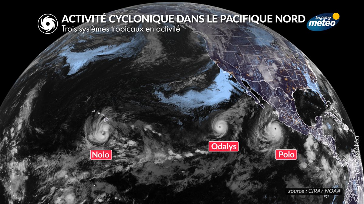 lachainemeteo's tweet photo. 🌀 L'activité cyclonique est particulièrement intense actuellement dans le Pacifique. Après Polo, qui a atteint la catégorie 5 au large du Mexique, l'#ouragan Nolo devrait se renforcer au sud d'Hawaï, avec un risque de pluies diluviennes, d’inondations et une forte houle. https://t.co/CaClhs5pKM