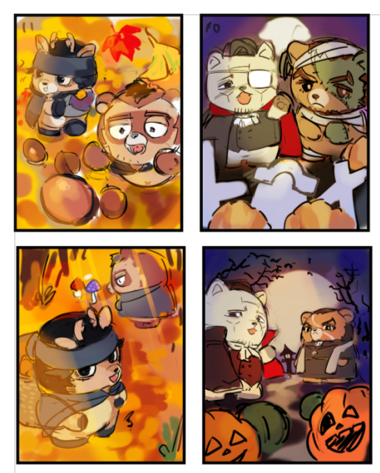 kuma_2400's tweet photo. 10月と11月のスケッチ～🖊
🦝と🦌くんは森で散策しているところ🍠🌰、kktさんとark🐻くんにはハロウィンをイメージして描いたよ～！🎃　スマホの待ち受けとか、卓上に置くカレンダーのイラストを目指したんだけど雰囲気だけ伝わったらいいな（なお描くかは…😂） https://t.co/XTAKy9Za50