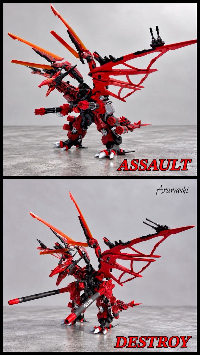 Tukinowakotetsu's tweet photo. 『SALAMANDER VOLCANO』完成！
旧キットでも作ってたんやけど、HMMサラマンダーでも新しく作ってみた。

武器のセレクトでスピード重視のASSAULTと火力重視のDESTROYに換装可能。

ゴジュラスキャノンは少し小さい旧キットのを腹部に搭載してみた。

イメージはUSA版の「炎の悪魔」ラドン！

#ゾイド https://t.co/EAH580evwC