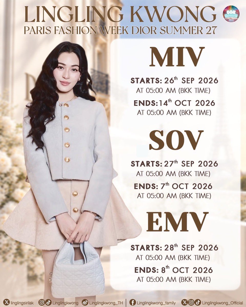 lingling_fans's tweet photo. 𝐀𝐑𝐄 𝐘𝐎𝐔 𝐆𝐔𝐘𝐒 𝐑𝐄𝐀𝐃𝐘?! 👀🇫🇷

𝐏𝐅𝐖 𝐃𝐈𝐎𝐑 𝐒𝐔𝐌𝐌𝐄𝐑 𝟐𝟕 
𝐎𝐅𝐅𝐈𝐂𝐈𝐀𝐋 𝐌𝐄𝐓𝐑𝐈𝐂 𝐓𝐑𝐀𝐂𝐊𝐈𝐍𝐆 𝐏𝐄𝐑𝐈𝐎𝐃 

📍𝐌𝐈𝐕 
STARTS 26th SEP at 5:00 AM BKK TIME
ENDS 14th OCT at 5:00 AM BKK TIME

📍𝐒𝐎𝐕
STARTS 27th SEP at 5:00 AM BKK TIME
ENDS 7th OCT at 5:00 AM BKK TIME

📍𝐄𝐌𝐕 
STARTS 28th SEP at 5:00 AM BKK TIME
ENDS 8th OCT at 5:00 AM BKK TIME

Mark your calendars, stay ready, and let’s show up for Lingling across all platforms! 🚀

Let’s make this PFW a memorable one together! 🫶🏻✨

#LingOrmDiorSummer27
#Linglingkwong #Dior 
#DiorSummer27 #PFW 
@dior @linglingsirilak