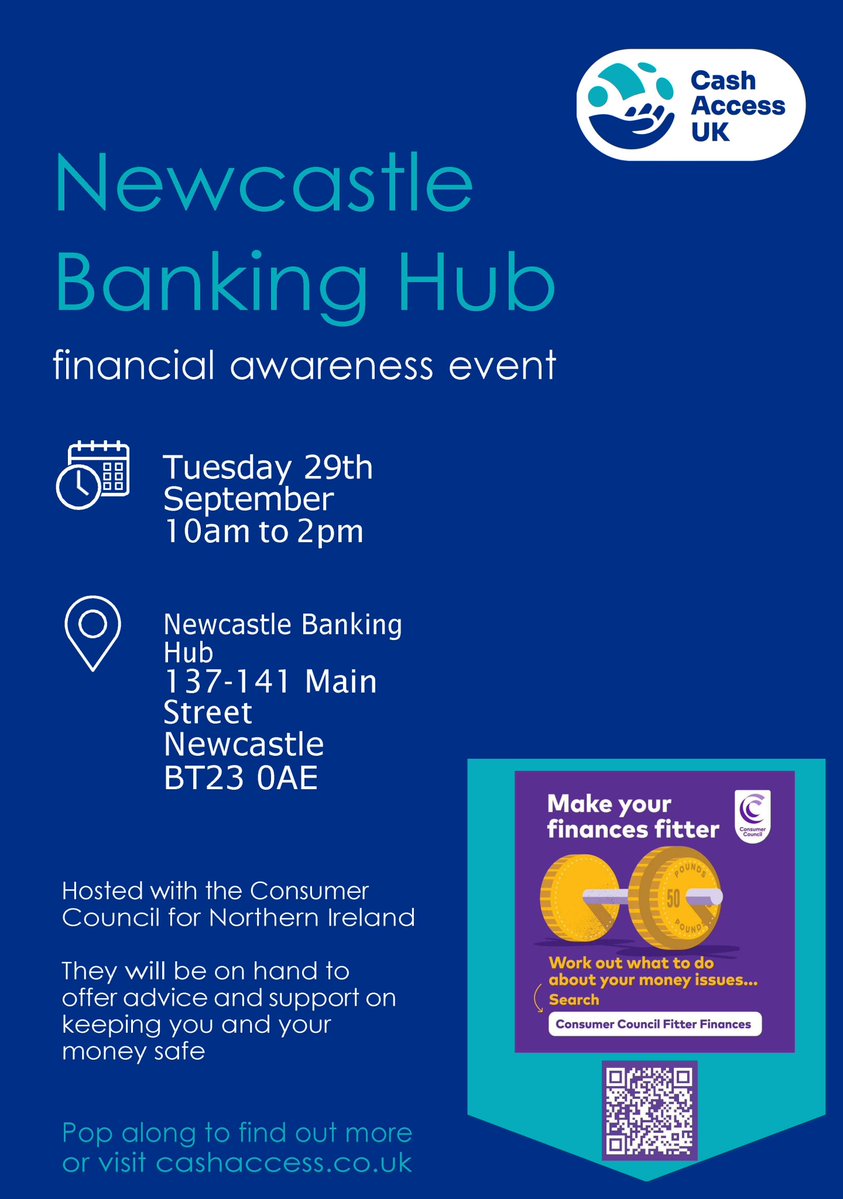 ConsumerCouncil's tweet photo. 📢If you would like to find out more about how the Newcastle banking hub works and the services available, call in tomorrow.

The @CashAccessUK team will be at the hub between 10am and 2pm to answer your questions.

We will also be at the session, sharing information about financial tools and services as part of our Make your finances fitter campaign.

The banking hub in Newcastle is located at 137-141 Main Street.

Further info on banking hubs https://t.co/eJSDCmgSQV

Find out more about our campaign  https://t.co/7udHpv4SHi
