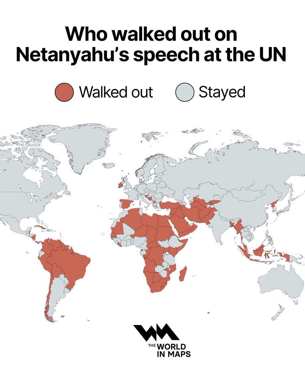beltrandelrio's tweet photo. ¿Cuáles fueron los países que abandonaron la sala y cuáles fueron los que se quedaron en ella durante el discurso de Benjamin Netanyahu ante la Asamblea General de la ONU? https://t.co/yQDKvm3PeV
