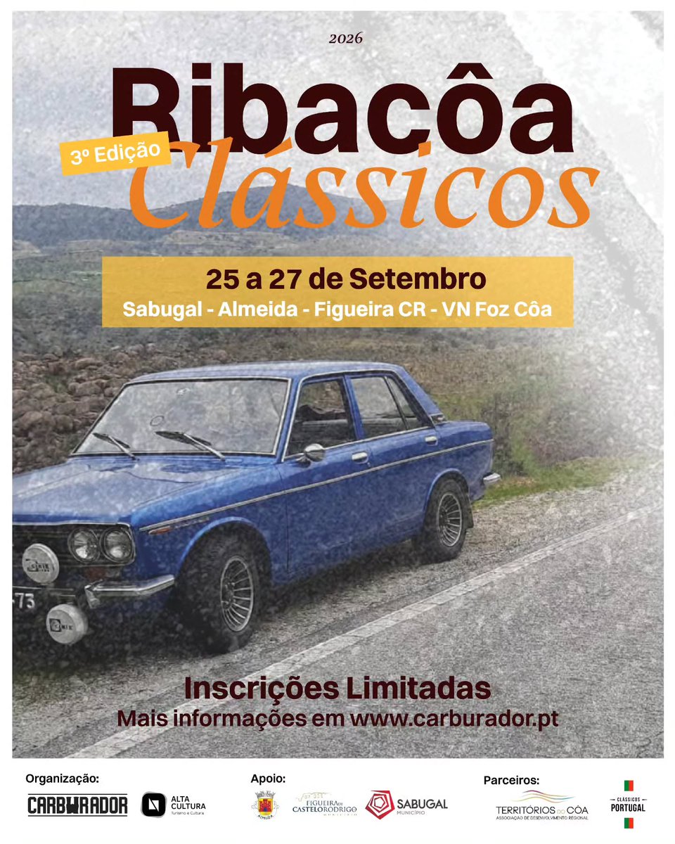 KristyAngeljb's tweet photo. Os Clássicos Portugal convida para o 3. º Ribacôa Clássicos 2026, de 25 a 27 de setembro. Castelos, vinhas e 200 km de puro prazer, com Rui Unas como padrinho. Apenas 20 viaturas! https://t.co/rXpyYjjIKd