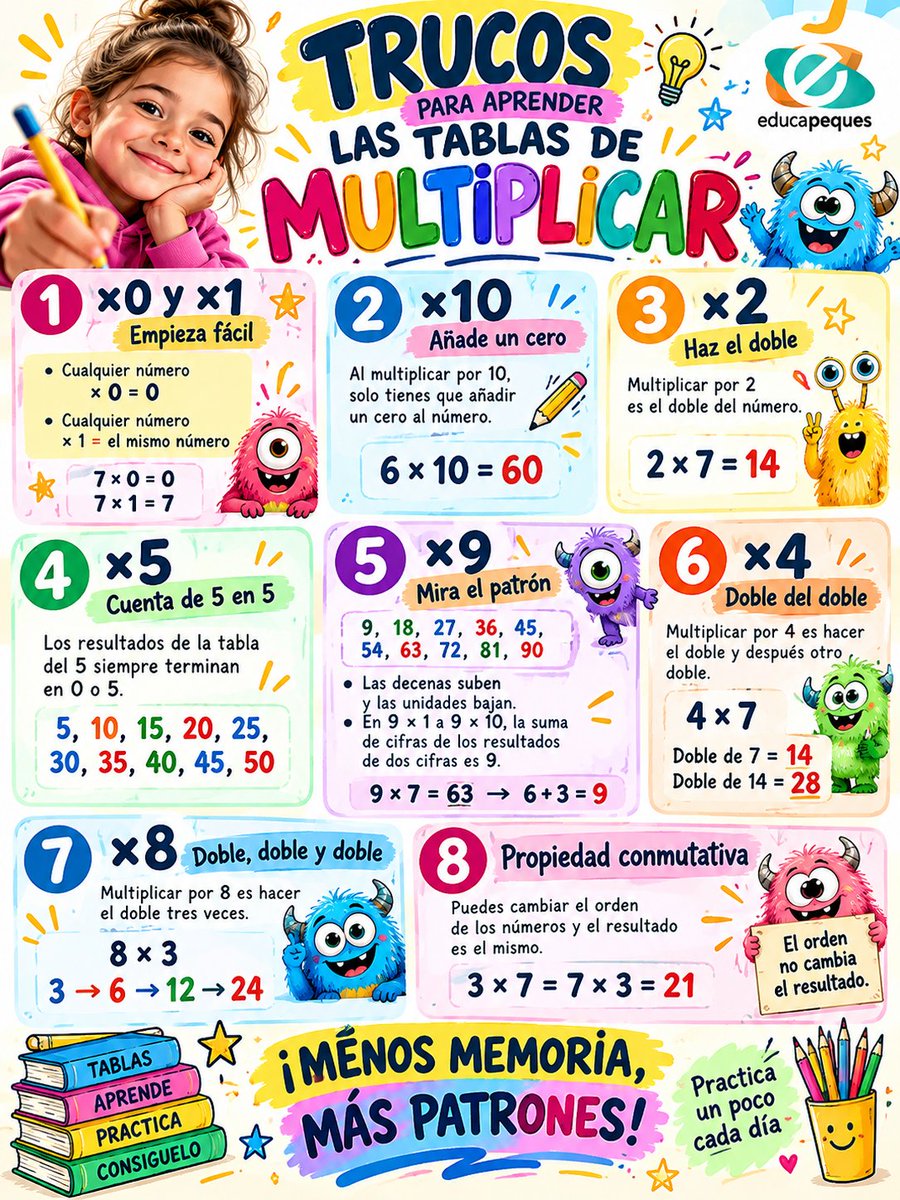 educapeques's tweet photo. Las tablas se recuerdan mejor cuando el niño descubre sus patrones.
×2 → el doble
×5 → resultados acabados en 0 o 5
×10 → añadimos un cero
3×7 = 7×3 → mismo resultado
Fichas y recursos multiplicar en Primaria 👇
https://t.co/kh6dL4iUe0 #Primaria #Educapeques https://t.co/FfQikk97zr