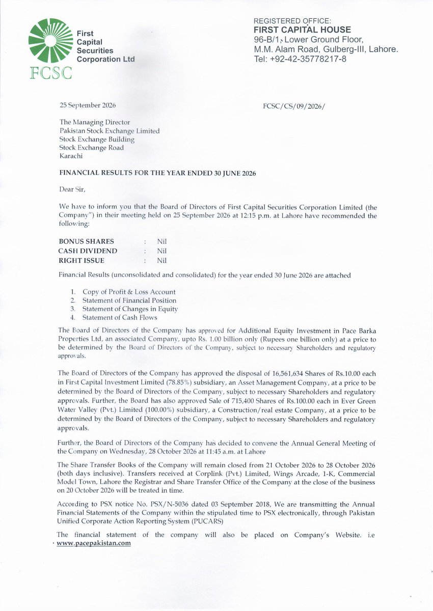 ChasePSXNotices's tweet photo. FCSC: Financial Results for the Year Ended 2026-06-30

𝐀𝐧𝐧𝐮𝐚𝐥 𝐫𝐞𝐬𝐮𝐥𝐭𝐬 𝟐𝟎𝟐𝟔: 𝐜𝐚𝐬𝐡 𝐝𝐢𝐯𝐢𝐝𝐞𝐧𝐝 𝐝𝐞𝐜𝐥𝐚𝐫𝐞𝐝, 𝐛𝐨𝐧𝐮𝐬 𝐬𝐡𝐚𝐫𝐞𝐬 𝐝𝐞𝐜𝐥𝐚𝐫𝐞𝐝, 𝐫𝐢𝐠𝐡𝐭 𝐬𝐡𝐚𝐫𝐞𝐬 𝐝𝐞𝐜𝐥𝐚𝐫𝐞𝐝.

#PSX #Stock #News #FCSC #FinancialResults https://t.co/yo8jVgSy4f