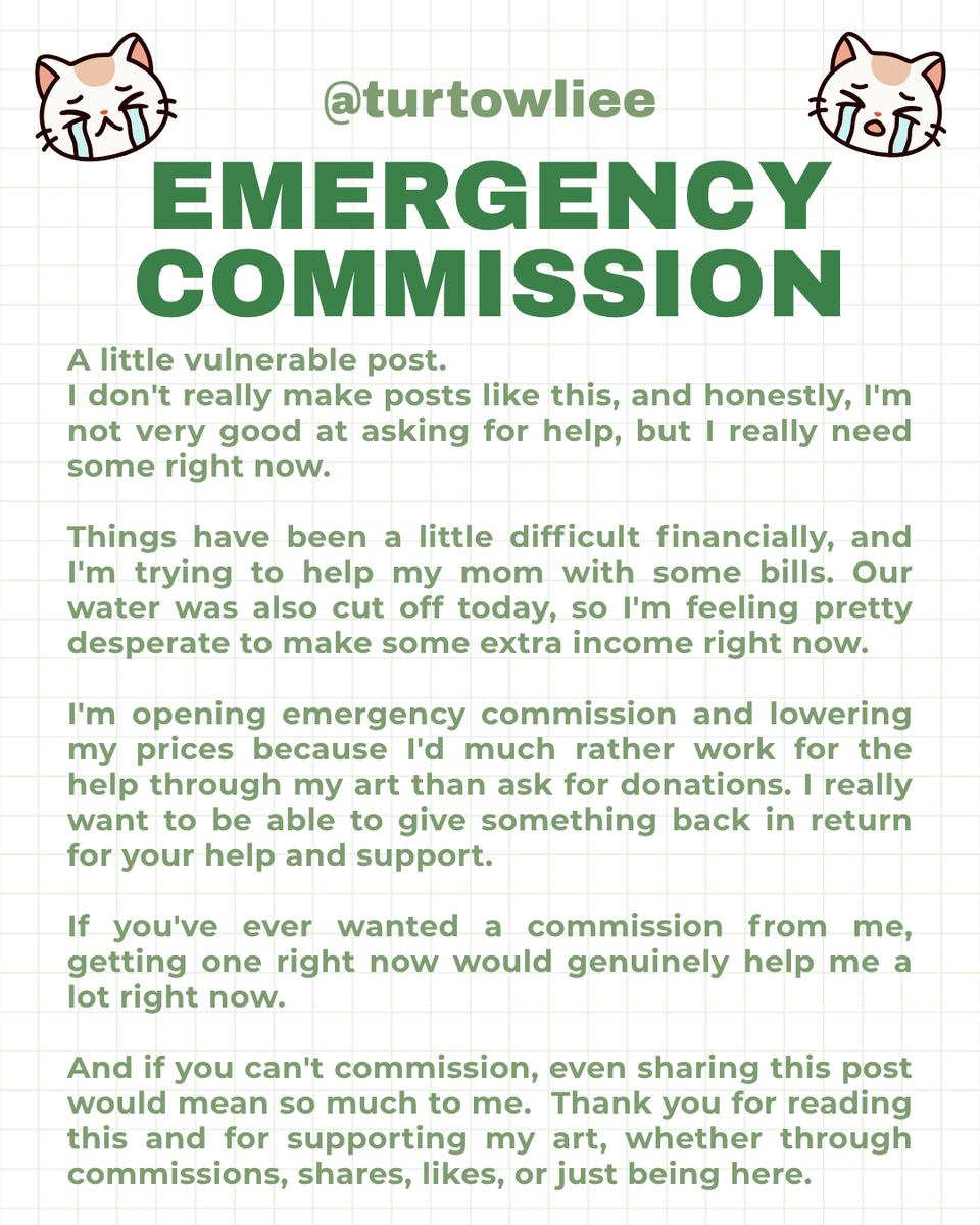 turtowliee's tweet photo. 🚨 EMERGENCY COMMISSIONS OPEN!

Things have been difficult lately, so I'm hoping to make some extra income 🥲

If you're interested in commissioning me, it would genuinely help me a lot right now! 🙏

And if you can't, even a share/retweet would mean so much to me! Thank you! 💙 https://t.co/oQBqjUuYtb