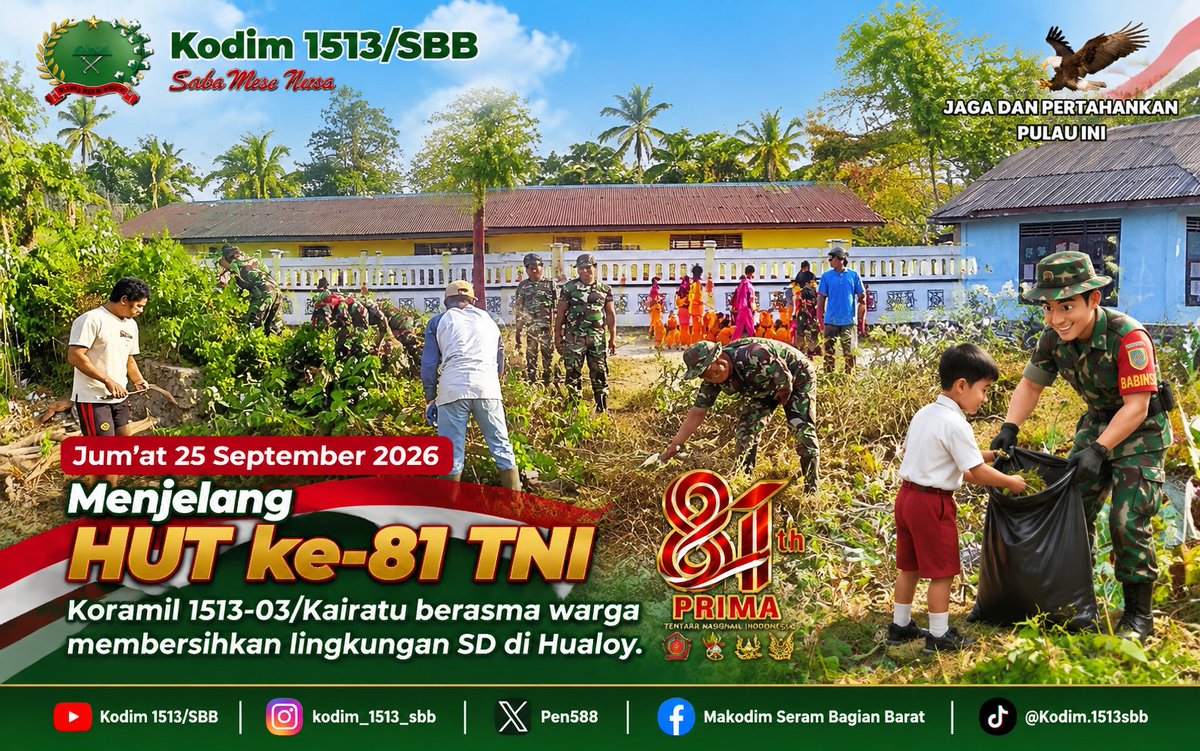 M1513sbb's tweet photo. Jelang HUT ke-81 TNI, Koramil 1513-03/Kairatu Bersama Warga Bersihkan Lingkungan SD di Hualoy. 

Baca Selengkapnya👇
https://t.co/R7BmVLB1sA https://t.co/wB6OFGDKLM