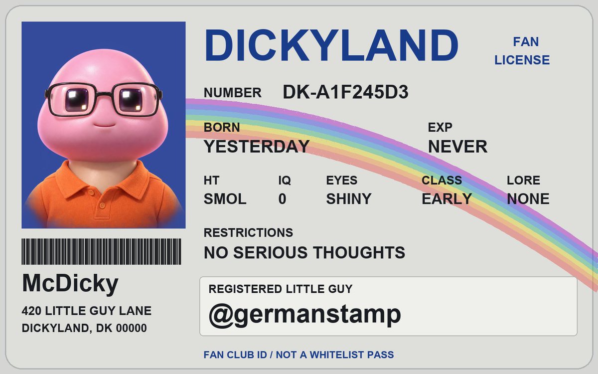 GermanStamp's tweet photo. They gave @germanstamp a license to do absolutely nothing.

Applied for @DickyNFTs. No thoughts, just Dicky. https://t.co/hSTcZkpeEB https://t.co/49zijCtfqC