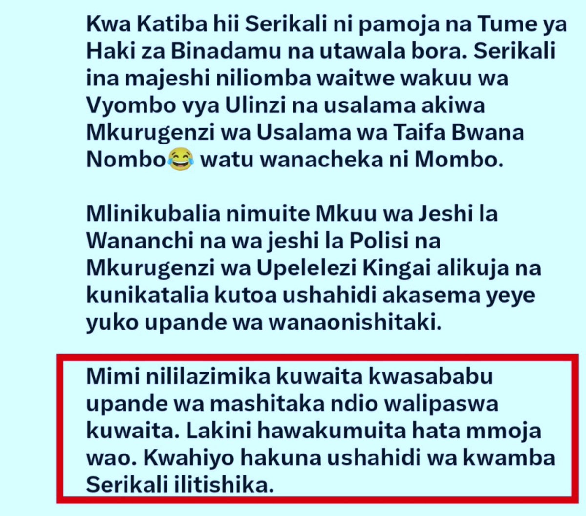 HarryGodfirst's tweet photo. Yani kwa Kauli na MAELEZO haya ya Mh. Lissu hii KESI imeishia hapa......

Waliitwa kina CDF, IGP wakachimba, Sasa serikali ilitishika vipi kama VIONGOZI hao walishindwa kutoa Ushahidi wa namna walivyotishika ?

Hii kesi imefia hapa....🙌🙌

#FreeTunduLissu https://t.co/ZgJceWKkqS