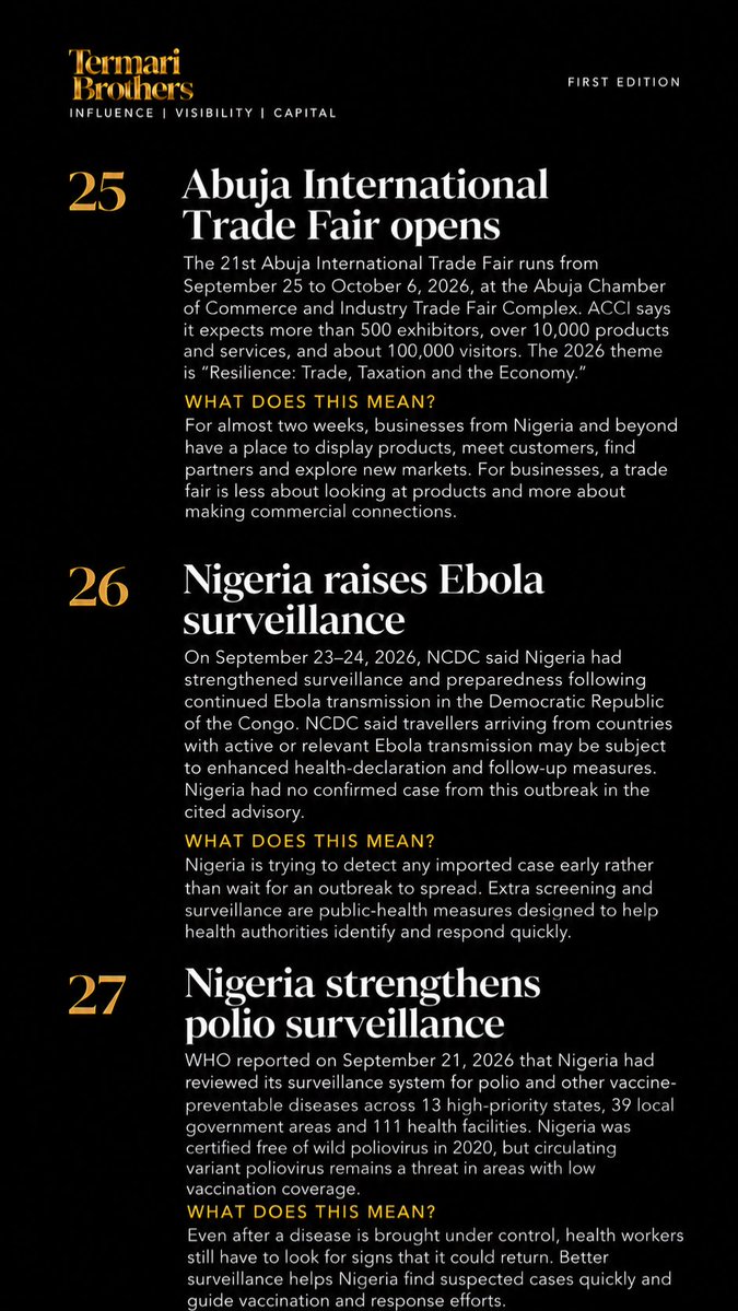 TermariBrothers's tweet photo. Africa had a busy week. 

Markets. Business. Trade. Culture. Health.

We break down what happened and what it means.
60 Seconds Around Africa.

See you next Friday.

Part 3

#60SecondsAroundAfrica #Africa #Nigeria https://t.co/231YdsONHE