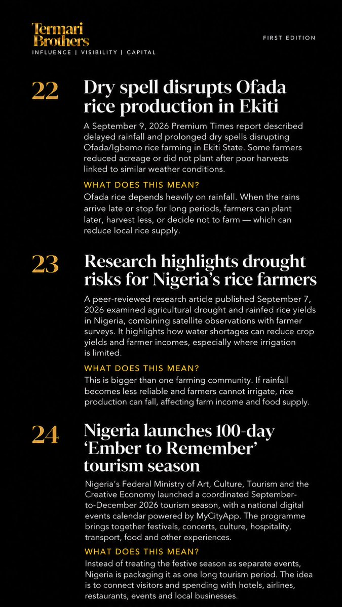 TermariBrothers's tweet photo. Africa had a busy week. 

Markets. Business. Trade. Culture. Health.

We break down what happened and what it means.
60 Seconds Around Africa.

See you next Friday.

Part 3

#60SecondsAroundAfrica #Africa #Nigeria https://t.co/231YdsONHE