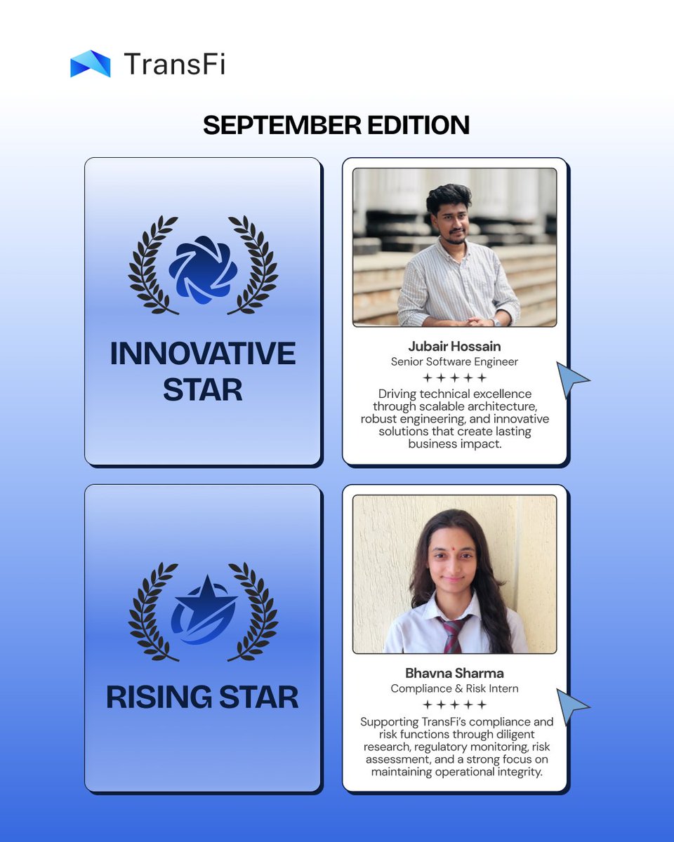 getTransFi's tweet photo. Celebrating the people who raise the bar at @getTransFi
 🌟

Our September 𝐖𝐎𝐖 𝐀𝐰𝐚𝐫𝐝 𝐰𝐢𝐧𝐧𝐞𝐫𝐬 𝐚𝐫𝐞:
🏆 𝐉𝐮𝐛𝐚𝐢𝐫 𝐇𝐨𝐬𝐬𝐚𝐢𝐧 — Senior Software Engineer
🏆 𝐒𝐚𝐧𝐣𝐚𝐧𝐚 𝐆𝐢𝐫𝐢 — Manager, Network Operations
🏆 𝐊𝐫𝐮𝐭𝐢𝐤 𝐏𝐚𝐫𝐦𝐚𝐫 — Security Engineer
🏆 𝐁𝐡𝐚𝐯𝐧𝐚 𝐒𝐡𝐚𝐫𝐦𝐚 — Compliance & Risk, Intern

And celebrating our 𝐀𝐮𝐠𝐮𝐬𝐭 𝐖𝐎𝐖 𝐀𝐰𝐚𝐫𝐝 𝐰𝐢𝐧𝐧𝐞𝐫𝐬:
🏆 𝐆𝐚𝐮𝐫𝐚𝐯 𝐏𝐫𝐚𝐣𝐚𝐩𝐚𝐭𝐢 — QA Lead
🏆 𝐇𝐢𝐭𝐞𝐬𝐡 𝐓𝐫𝐢𝐩𝐚𝐭𝐡𝐢 — Senior Software Engineer
🏆 𝐉𝐚𝐧𝐠𝐚𝐥𝐚 𝐀𝐦𝐫𝐮𝐭𝐡𝐚 𝐕𝐚𝐫𝐬𝐡𝐢𝐧𝐢 — Manager, Treasury & Revenue
🏆 𝐊𝐚𝐣𝐚𝐥 𝐘𝐚𝐝𝐚𝐯 — Manager, Finance

From technology and security to finance, treasury, compliance, and operations, each of you is making a meaningful impact and raising the standard every day.

Congratulations to all our WOW winners! 👏🌟

#TransFi #WOWAwards #TeamTransFi #EmployeeRecognition #PeopleOfTransFi #Excellence