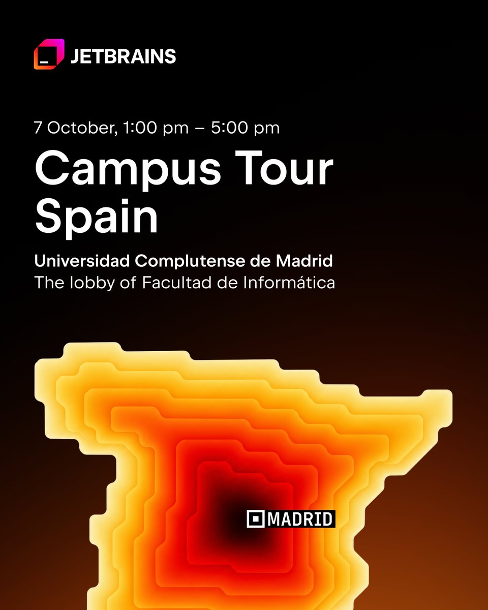 informaticaucm's tweet photo. 🚀 JetBrains is coming to Facultad de Informática!

📍 Visit the JetBrains booth to learn about:

🎓 Free student licenses
 💼 Paid internships
 🌟 The Campus Ambassador Program
 💻 JetBrains IDEs and AI tools

📅 October 7th
🕒 Booth: 1:00 pm to 5:00 pm
📍 Location: FDI lobby https://t.co/lVHjr7Cbax