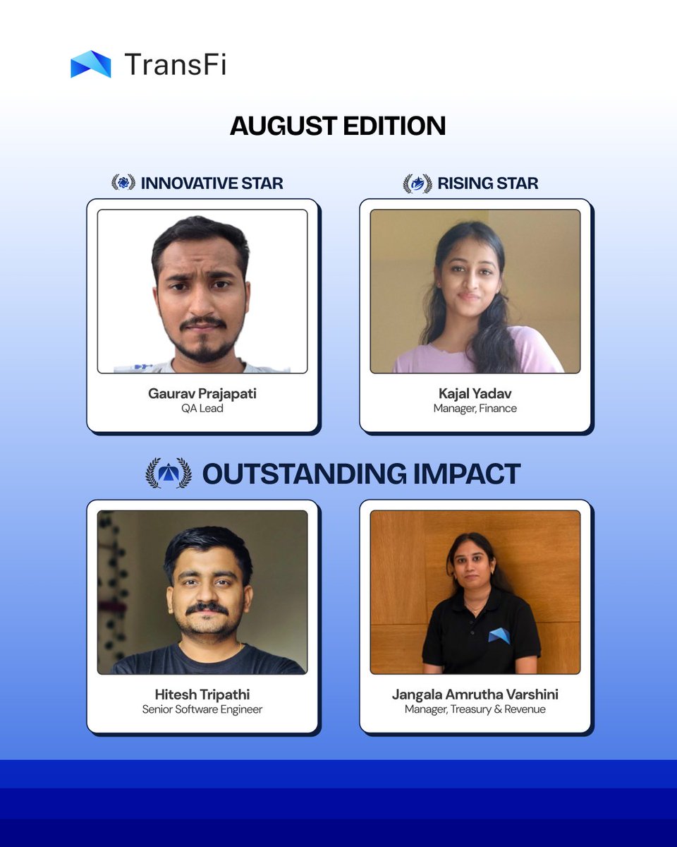 getTransFi's tweet photo. Celebrating the people who raise the bar at @getTransFi
 🌟

Our September 𝐖𝐎𝐖 𝐀𝐰𝐚𝐫𝐝 𝐰𝐢𝐧𝐧𝐞𝐫𝐬 𝐚𝐫𝐞:
🏆 𝐉𝐮𝐛𝐚𝐢𝐫 𝐇𝐨𝐬𝐬𝐚𝐢𝐧 — Senior Software Engineer
🏆 𝐒𝐚𝐧𝐣𝐚𝐧𝐚 𝐆𝐢𝐫𝐢 — Manager, Network Operations
🏆 𝐊𝐫𝐮𝐭𝐢𝐤 𝐏𝐚𝐫𝐦𝐚𝐫 — Security Engineer
🏆 𝐁𝐡𝐚𝐯𝐧𝐚 𝐒𝐡𝐚𝐫𝐦𝐚 — Compliance & Risk, Intern

And celebrating our 𝐀𝐮𝐠𝐮𝐬𝐭 𝐖𝐎𝐖 𝐀𝐰𝐚𝐫𝐝 𝐰𝐢𝐧𝐧𝐞𝐫𝐬:
🏆 𝐆𝐚𝐮𝐫𝐚𝐯 𝐏𝐫𝐚𝐣𝐚𝐩𝐚𝐭𝐢 — QA Lead
🏆 𝐇𝐢𝐭𝐞𝐬𝐡 𝐓𝐫𝐢𝐩𝐚𝐭𝐡𝐢 — Senior Software Engineer
🏆 𝐉𝐚𝐧𝐠𝐚𝐥𝐚 𝐀𝐦𝐫𝐮𝐭𝐡𝐚 𝐕𝐚𝐫𝐬𝐡𝐢𝐧𝐢 — Manager, Treasury & Revenue
🏆 𝐊𝐚𝐣𝐚𝐥 𝐘𝐚𝐝𝐚𝐯 — Manager, Finance

From technology and security to finance, treasury, compliance, and operations, each of you is making a meaningful impact and raising the standard every day.

Congratulations to all our WOW winners! 👏🌟

#TransFi #WOWAwards #TeamTransFi #EmployeeRecognition #PeopleOfTransFi #Excellence