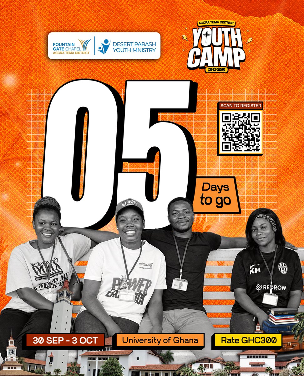 desertparash_tm's tweet photo. We are getting dangerously close!
05 DAYS TO GO!
ACCRA TEMA DISTRICT YOUTH CAMP 2026
🗓️ Sept 30th - Oct 3rd
📍 University of Ghana
🎟️ GHC300
We can't wait!!
Scan the QR code to register.
#ATDYC26 #DesertParash #YouthCamp #FountainGateChapel https://t.co/DTfPQmV2va
