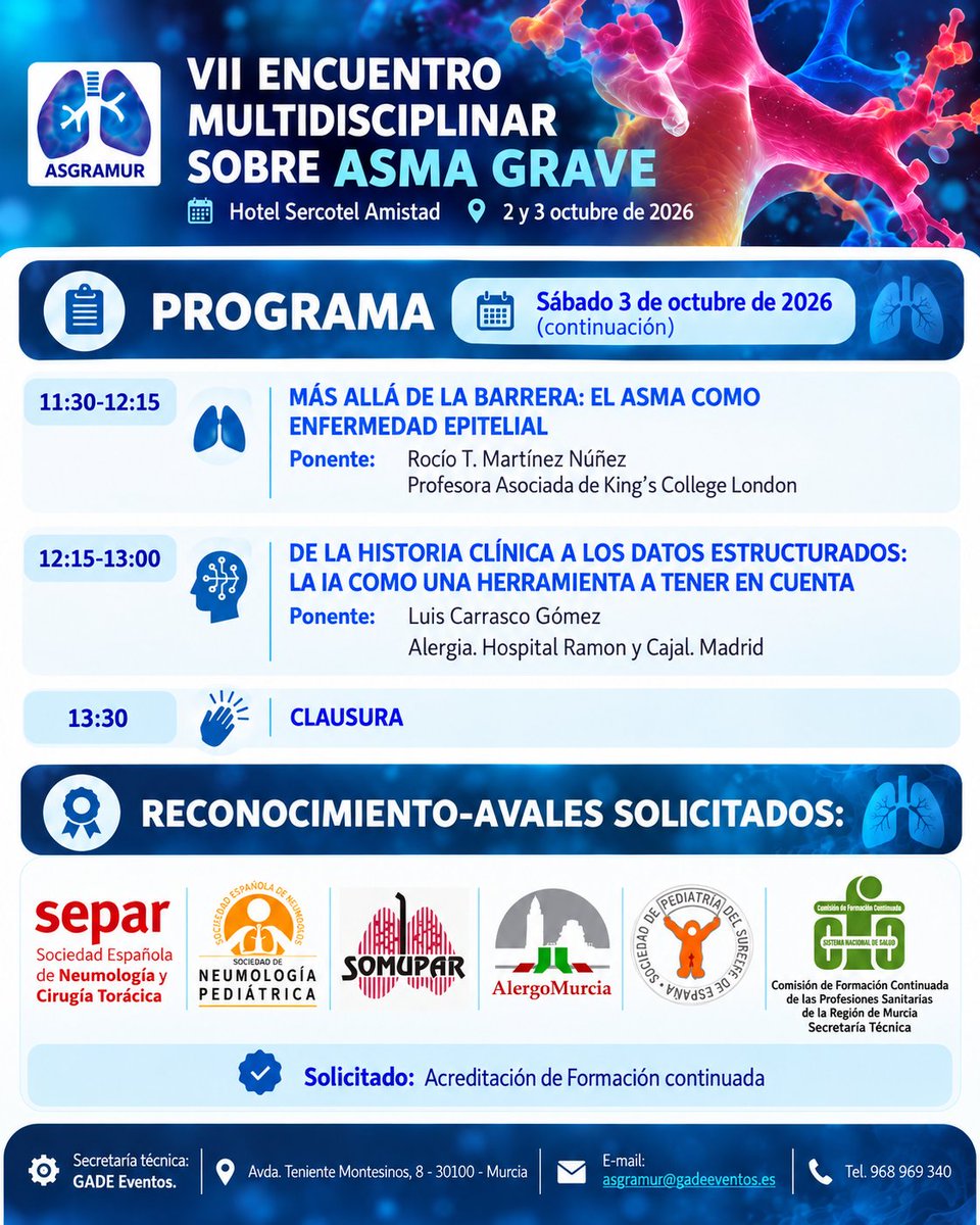 Somupar's tweet photo. 🫁 ¡Inscripciones abiertas para el VII Encuentro Multidisciplinar sobre Asma Grave!

📅 2 y 3 de octubre
📍 Hotel Sercotel Amistad, Murcia

Actualización, investigación y nuevas evidencias en asma grave.

👉 Inscripción: https://t.co/rfOadTLo43 #ASGRAMUR #AsmaGrave https://t.co/HW4bNFIrZp