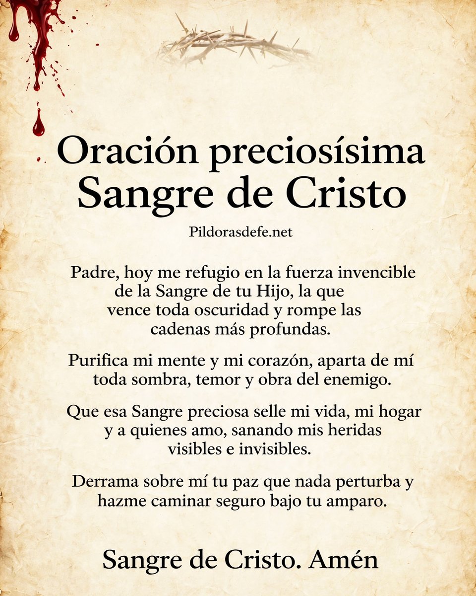 Pildorasdefe's tweet photo. Oración a la Sangre de Cristo. 🙏

En ocasiones nos damos cuenta de que hay cosas que no se van solo porque uno intenta no pensar en ellas.

Pero eso no resuelve nada, siguen ahí, en la mente, en el corazón, en la casa, aunque uno siga funcionando como si nada pasara.

Por eso esta oración empieza buscando refugio donde sí hay fuerza que vence y protección que perdura, en la Sangre invencible del Hijo al que todo se le somete.

Entregar la vida a esa Sangre es confiar en que Dios va siempre delante, limpiando nuestro camino.

Cuando le pedimos que selle nuestra vida, nuestro hogar y a quienes amamos, le estamos pidiendo que ponga una señal donde nuestra mano ya no llega, que sane esas heridas que se ven.

Si hoy hay algo en tu vida, en tu hogar o en alguien que amas que necesita ser sellado y sanado por esa Sangre, puedes dejarlo aquí en oración

A veces escribirlo es la manera más sencilla sacarlo y de entregarlo.

Sangre de Cristo, protégeme.

Amén, 🙌