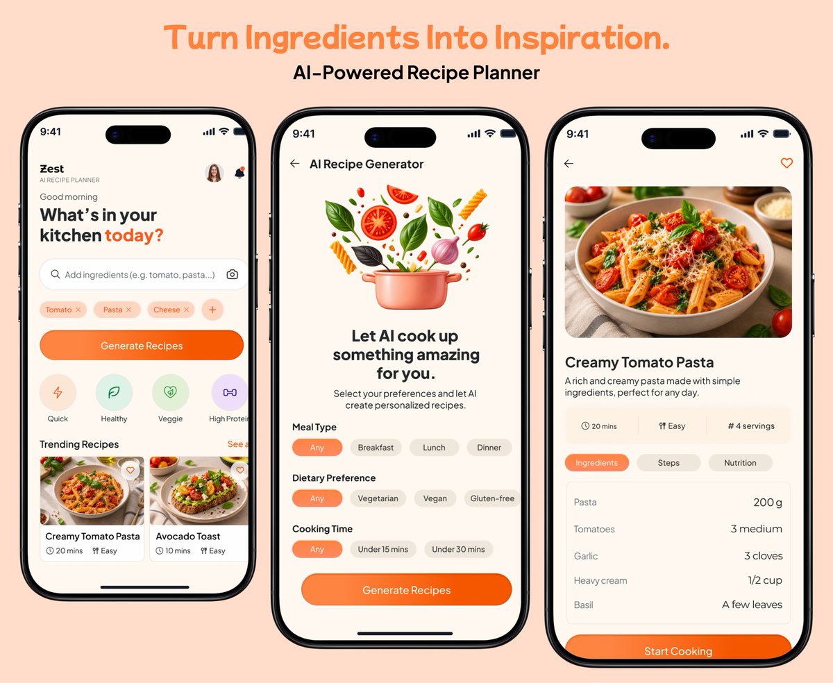 ensuesoft's tweet photo. ZEST - AI Recipe Planner

What’s in your kitchen today?

ZEST turns everyday ingredients into personalized recipe ideas with AI - from discovery to meal planning.

Designed for a simple, vibrant cooking experience. https://t.co/CNjbKAN0SE
