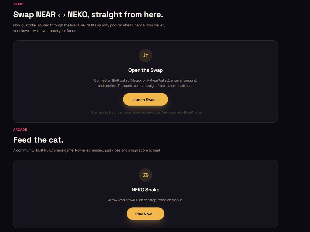 TomeXBT's tweet photo. The $NEKO CTO site is almost done
- Swaps are working
- Arcade game is working
- NFT Collection to be added soon.
- Investigating Staking mechanisms for future rewards also

FYI The arcade game will be incentivised with NEKO rewards.

$NEKO is $NEAR https://t.co/A7Sy5VyapB