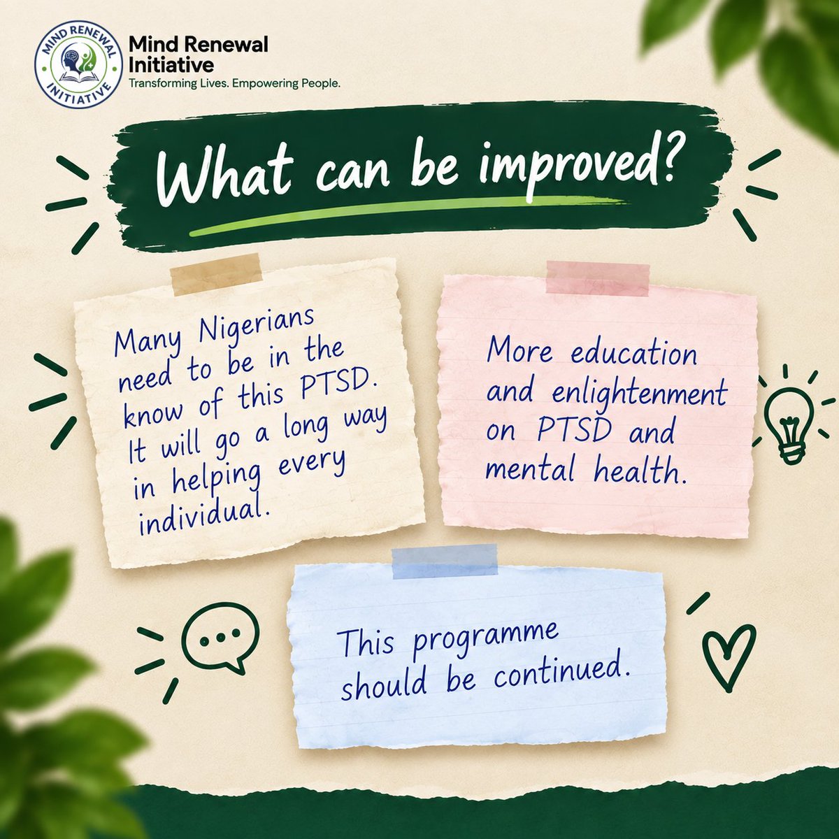 MindRenewalInit's tweet photo. Here’s what FRSC officers learned, what stood out for them and what they want to see more of.

Swipe through the feedback.

#MindRenewalInitiative #PTSD #mentalhealthawareness  #fmohnigeria https://t.co/g1tlaZ9HNo