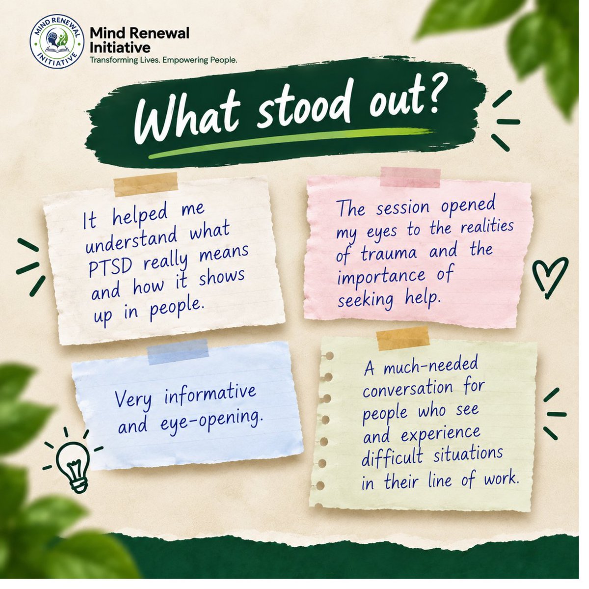 MindRenewalInit's tweet photo. Here’s what FRSC officers learned, what stood out for them and what they want to see more of.

Swipe through the feedback.

#MindRenewalInitiative #PTSD #mentalhealthawareness  #fmohnigeria https://t.co/g1tlaZ9HNo