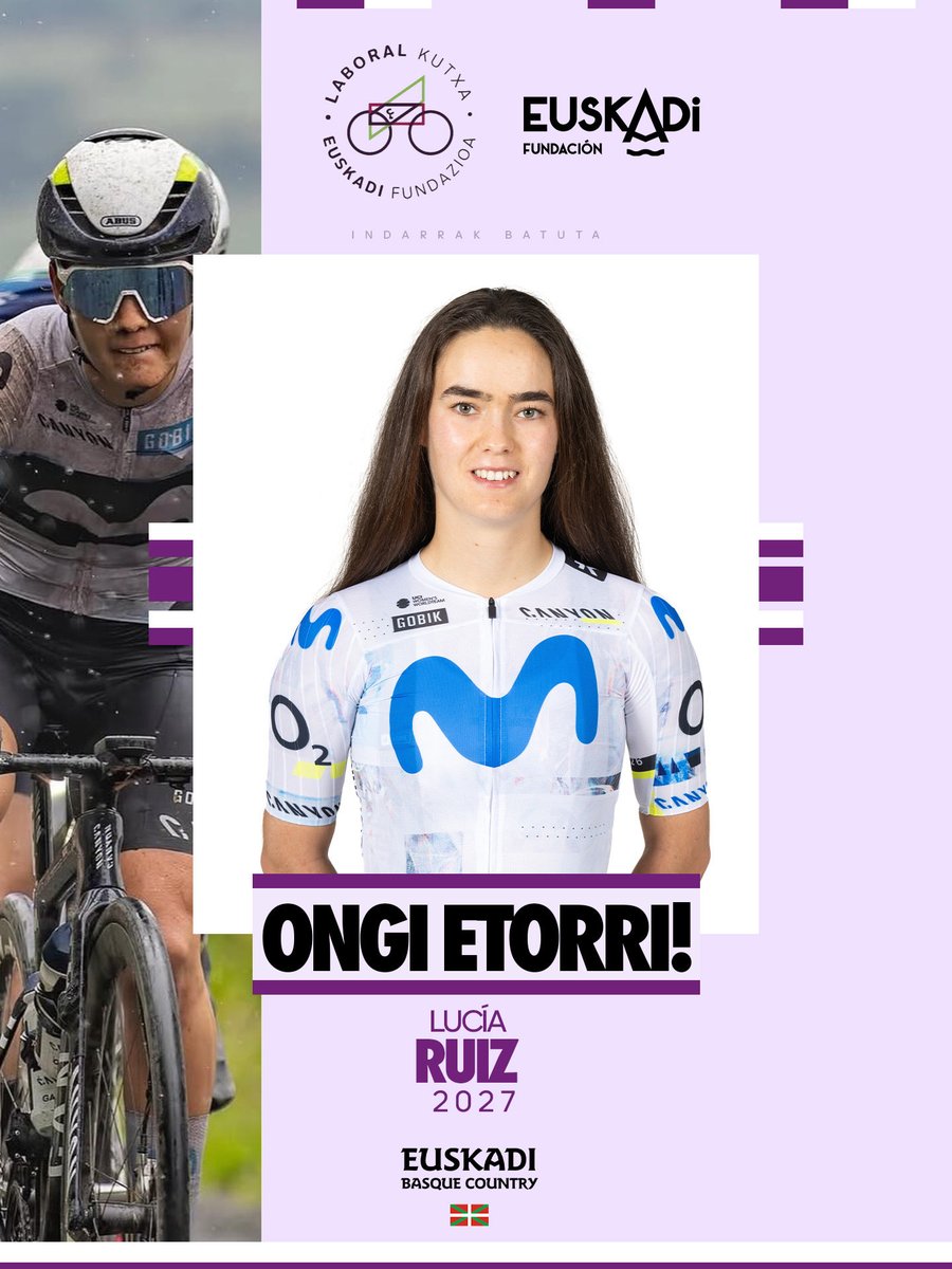 LABORALkTeam's tweet photo. 💜 ¡Lucía Ruiz se incorpora a LABORAL Kutxa-Euskadi hasta 2027!

La ciclista cántabra de 22 años llega procedente del Movistar Team, después de tres temporadas en el WorldTour. Antes destacó como junior en Río Miera-Meruelo, logrando victorias internacionales en pruebas como Bizkaikoloreak y el Tour du Gévaudan; en 2023, ya con Eneicat, conquistó la Copa de España élite-sub23.

Una corredora que se desenvuelve bien en la media montaña, con velocidad en grupos reducidos y capacidad para estar delante en los momentos decisivos de carrera. Pese a su juventud, llega con una importante experiencia acumulada al máximo nivel.

Ahora abre con nosotros una nueva etapa para seguir creciendo.

¡Ongi etorri, Lucía! 💜

--

💜 Lucía Ruiz, LABORAL Kutxa-Euskadira 2027ra arte!

22 urteko txirrindulari kantabriarra Movistar Teametik iritsiko da, WorldTourrean hiru denboraldi egin ondoren. Aurretik, Río Miera-Meruelon nabarmendu zen junior mailan, Bizkaikoloreak eta Tour du Gévaudan bezalako nazioarteko probetan garaipenak lortuz; 2023an, Eneicat taldearekin, Espainiako Kopa elite-sub23 irabazi zuen.

Mendi ertainean ondo moldatzen den txirrindularia da, talde txikietako amaieretan abiadura ona duena eta lasterketaren une erabakigarrietan aurrean egoteko gaitasuna erakutsi duena. Gaztea izan arren, dagoeneko esperientzia handia pilatu du maila gorenean.

Orain, bere hazkundeari jarraipena emateko etapa berri bat hasiko du gurekin.

Ongi etorri, Lucía! 💜