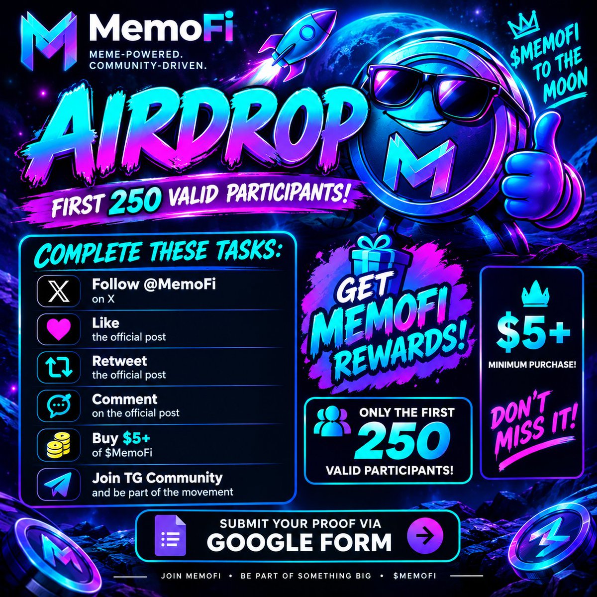 MemoFiCoin's tweet photo. 🚀 MEMOFI AIRDROP IS LIVE

🎁 FCFS 250 Members
$5 WORTH OF MEMOFI EACH

✅ Follow X
https://t.co/ZaVbG1Umf8
❤️ Like
🔁 Retweet
💬 Comment
👥 Join Telegram
https://t.co/ZjXvlFe5zw

💰 Buy $5
https://t.co/W7kthVxP9r

📋 Submit your proof via Google Form
https://t.co/IoH3rckMUh https://t.co/ufNOmvPmlQ