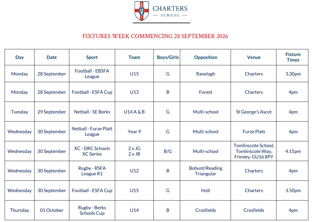 PeCharters's tweet photo. W.B 28.09.26

Club cancellations:
Monday - Year 7-11 Girls Football
Thursday - Year 9 Boys Football 

Fixtures: https://t.co/VKlImD8SIP