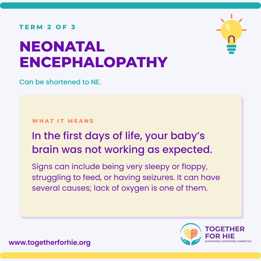 T4HIE's tweet photo. If you have just been discharged from the #NICU, you may encounter words like #birthasphyxia, #neonatalencephalopathy, or #HypoxicIschemicEncephalopathy (HIE) on your child's discharge summary. Swipe to learn what they mean. For support, reach out via info@togetherforhie.org https://t.co/BbnXsu7bXX