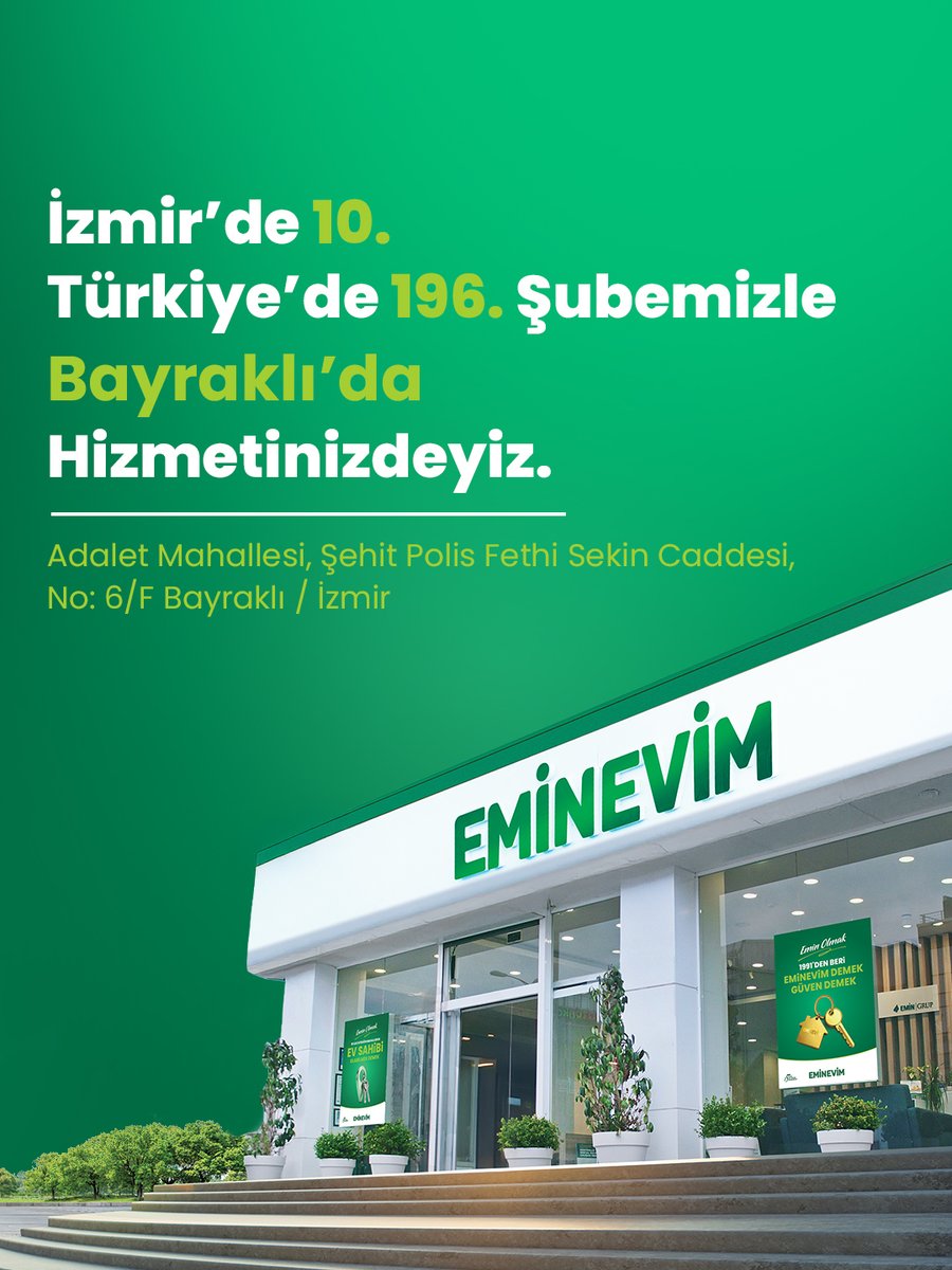 eminevim's tweet photo. İzmir'de 10., Türkiye’de 196. şubemizle Bayraklı'da hizmetinizdeyiz. Siz de ev, araç ve iş yeri hedefinize tam zamanında kavuşmak için şubelerimizi ziyaret edebilirsiniz.
#Eminevim #Şube #İzmir https://t.co/s02UCdNQha