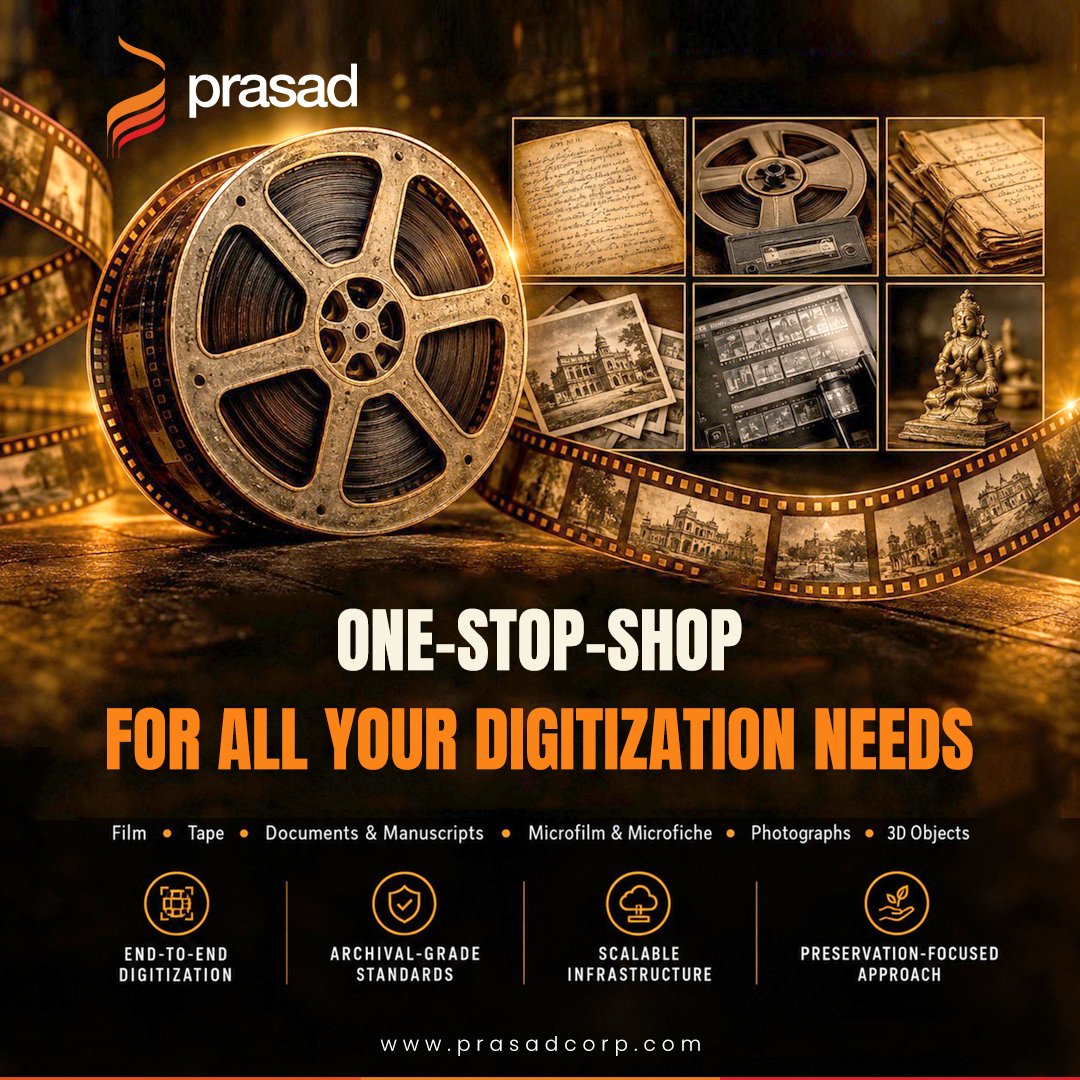 PrasadCorp's tweet photo. From film reels, tapes &amp; documents to photographs, microfilm &amp; 3D objects, #PrasadCorporation transforms valuable collections into accessible digital assets.
Planning a digitization project? Explore: https://t.co/aSPJSZIUoV
#preserve4posterity® #Digitization #DigitalPreservation https://t.co/AOnlSCcI3o