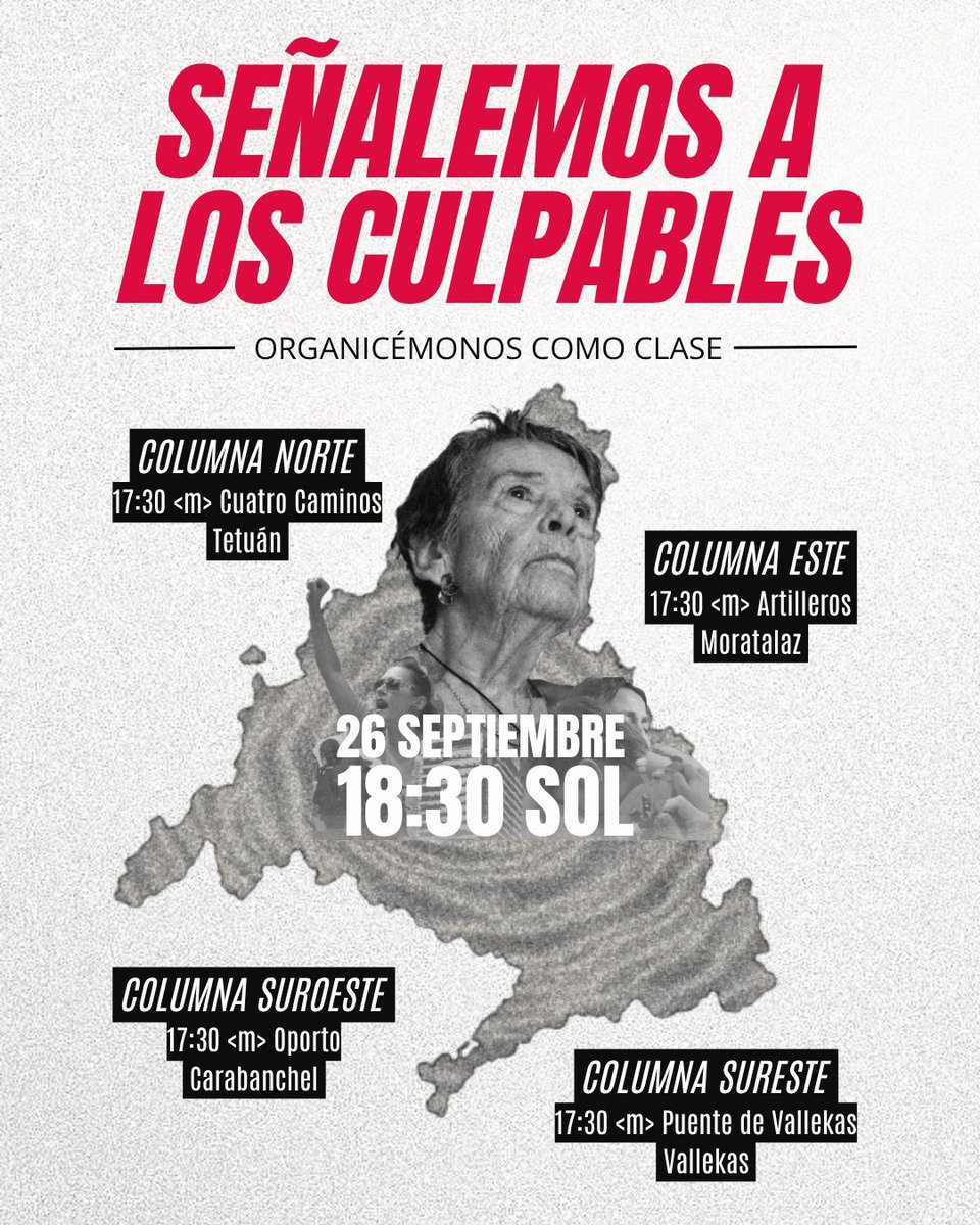 SVCarabanchel's tweet photo. 💥 VAMOS JUNTAS DESDE LOS BARRIOS💥 

➡️ COLUMNA NORTE:
17:30 <m> Cuatro Caminos. Tetuán.

➡️ COLUMNA SUROESTE:
17:30 <m> Oporto. Carabanchel.

➡️ COMUNA SUROESTE
17:30 <m> Puente de Vallecas.

➡️ COLUMNA ESTE
17:30 <m> Artilleros. Moratalaz.

ORGANICEMOS LA RABIA 🔥 https://t.co/P7r9tK0eQv