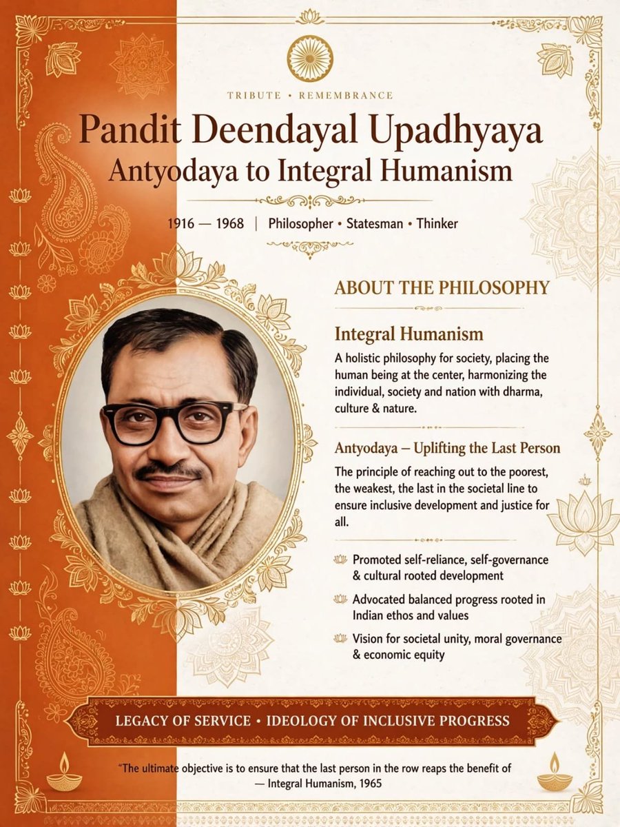 DattaSubi's tweet photo. Heartfelt Tribute to
> Pandit Deendayal Upadhyaya (25 Sept 1916 - 11 Feb 1968) was a great Indian thinker, philosopher and co-founder of Bharatiya Jana Sangh (forerunner of BJP). Born in Nagla Chandrabhan, Mathura, UP, he lost his parents early but excelled in studies - gold medalist in Sikar. He joined RSS in 1937 and became full-time pracharak in 1942.
> He gave India the philosophy of *Integral Humanism (Ekatma Manavvaad)* - an Indian alternative to both capitalism and communism, based on Antyodaya (upliftment of the last man), Swadeshi, self-reliance and cultural nationalism. Dr. Syama Prasad Mookerjee said: "Give me two Deendayals and I will change the face of India." His death at Mughalsarai in 1968 remains mysterious.