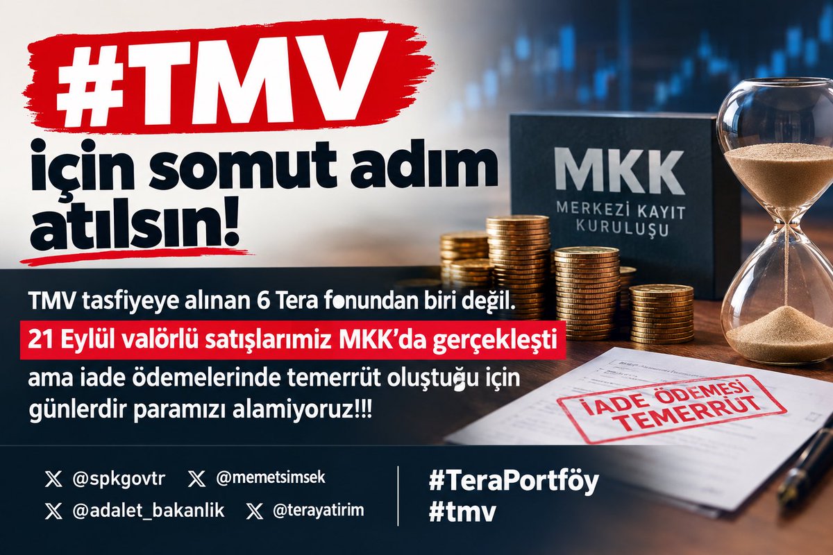 fitpicklerick's tweet photo. #TMV için somut adım atılsın!

TMV tasfiyeye alınan 6 Tera fonundan biri değil. 21 Eylül valörlü satışlarımız MKK'da gerçekleşti ama iade ödemelerinde temerrüt oluştuğu için günlerdir paramızı alamıyoruz!!!

@spkgovtr @memetsimsek @adalet_bakanlik @terayatirim
#TeraPortföy #tmv https://t.co/Qi5A37lLO6