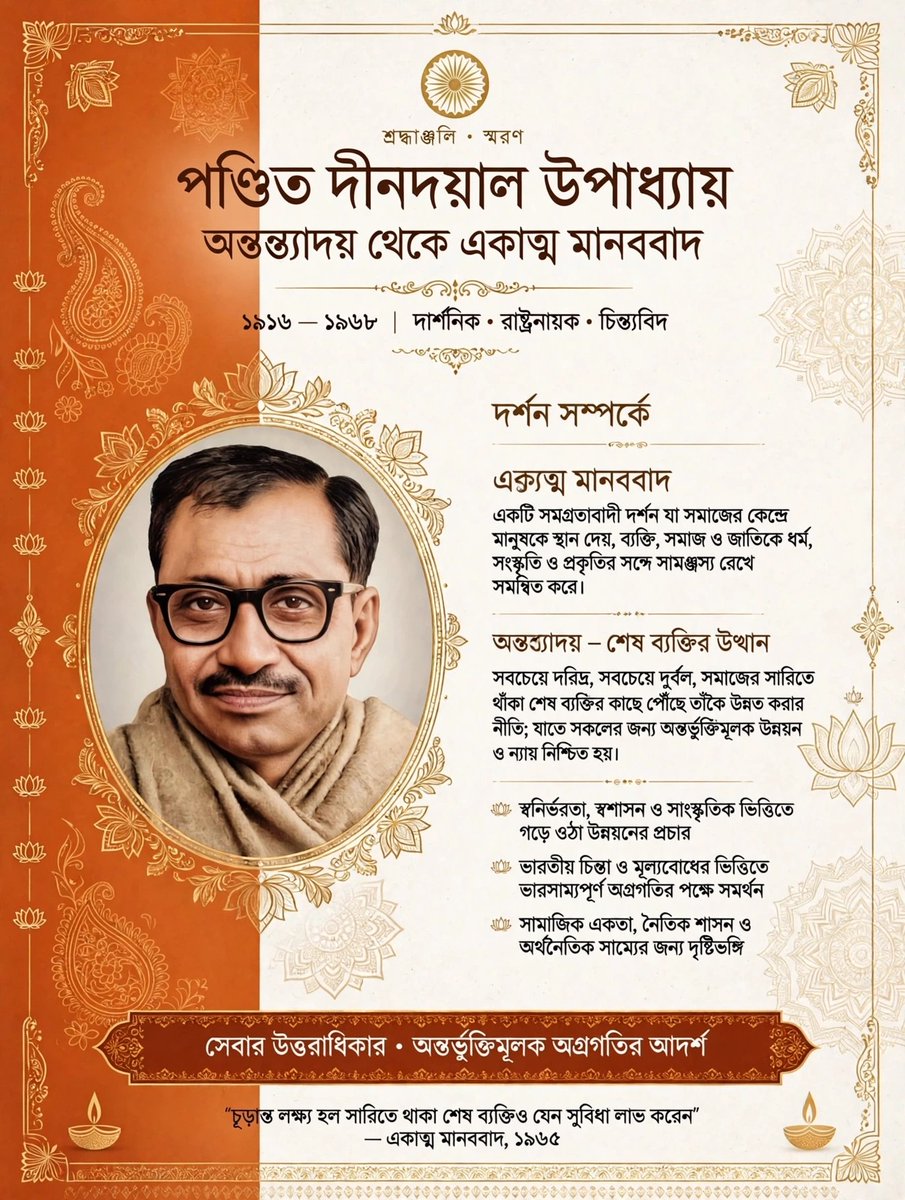 DattaSubi's tweet photo. Heartfelt Tribute to
> Pandit Deendayal Upadhyaya (25 Sept 1916 - 11 Feb 1968) was a great Indian thinker, philosopher and co-founder of Bharatiya Jana Sangh (forerunner of BJP). Born in Nagla Chandrabhan, Mathura, UP, he lost his parents early but excelled in studies - gold medalist in Sikar. He joined RSS in 1937 and became full-time pracharak in 1942.
> He gave India the philosophy of *Integral Humanism (Ekatma Manavvaad)* - an Indian alternative to both capitalism and communism, based on Antyodaya (upliftment of the last man), Swadeshi, self-reliance and cultural nationalism. Dr. Syama Prasad Mookerjee said: "Give me two Deendayals and I will change the face of India." His death at Mughalsarai in 1968 remains mysterious.