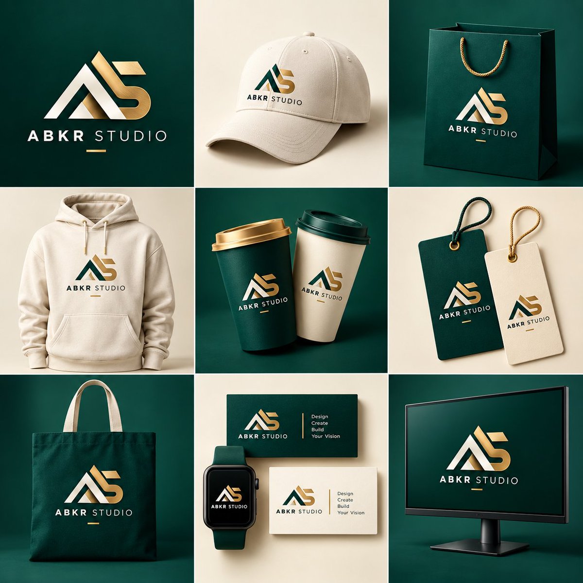 abs_uiux's tweet photo. Building a brand identity has never been easy than now

ChatGPT can now turned your idea into a complete brand system — from apparel and packaging to business cards and digital displays.

Prompt

Create a premium 3×3 brand identity mockup grid for a modern creative lifestyle brand called “ABKR STUDIO.”

Develop a completely original visual identity. Do not copy the reference logo. Design a sleek “AS” monogram using clean geometric letterforms, subtle negative-space construction, and a contemporary minimalist aesthetic. The logo should feel sophisticated, memorable, and suitable for a premium fashion/creative brand.

Use a distinctive color palette of deep emerald green, warm ivory, and metallic champagne gold. Alternate emerald and ivory backgrounds throughout the grid, using gold selectively for premium accents. Maintain consistent logo proportions, typography, colors, and spacing across every mockup.

Arrange the final presentation as a perfectly aligned 3-column × 3-row square grid:

1. Logo presentation — large AS monogram with “ABKR STUDIO” underneath on a clean emerald background.

2. Baseball cap — premium ivory cap embroidered with the emerald-and-gold logo.

3. Luxury shopping bag — structured emerald paper bag with gold rope handles and centered branding.

4. Hoodie — premium oversized ivory hoodie with a small-to-medium embroidered logo on the chest.

5. Takeaway cups — two modern coffee cups in contrasting emerald and ivory finishes with consistent branding.

6. Product hang tags — two luxury clothing tags, one emerald and one ivory, with gold foil logo details and elegant strings.

7. Tote bag — premium emerald canvas tote bag with ivory handles and centered AS logo.

8. Business identity set — business cards, stationery pieces, and a smartwatch arranged neatly, all carrying the same visual identity.

9. Digital brand display — modern desktop monitor displaying the ABKR STUDIO logo on a clean emerald screen.

Use soft professional studio lighting, realistic shadows, subtle reflections, premium material textures, clean product photography, slight 3D depth, crisp typography, precise logo placement, and photorealistic mockups.

Overall aesthetic: luxury minimalist, modern fashion branding, sophisticated creative studio identity, high-end corporate presentation, clean editorial art direction, Behance-style brand identity showcase.

Keep every object isolated and uncluttered with generous negative space. Make the entire grid feel like one professionally designed branding system.

Aspect ratio: 1:1 square. High resolution. No extra text, no watermarks, no random symbols, no inconsistent logos, no distorted typography.