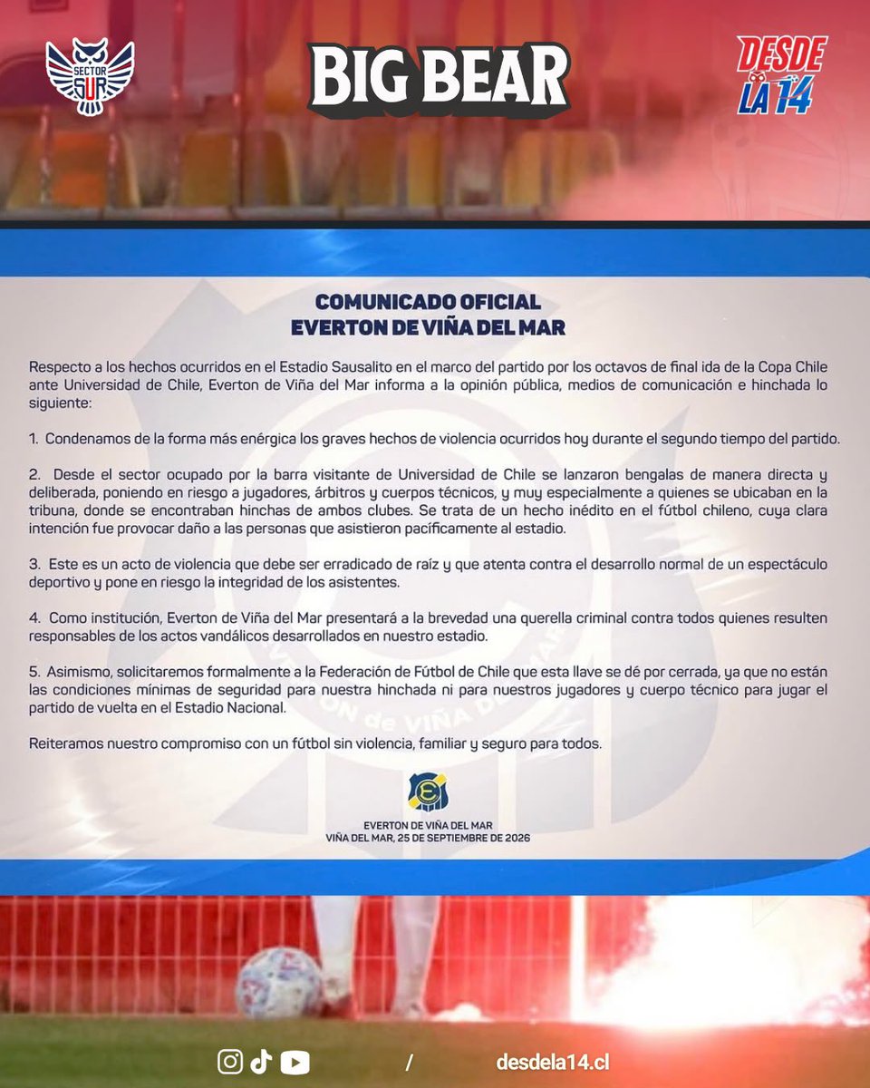 desdela14's tweet photo. 🚨🔵🔴 DESDE LA 14 | EVERTON PEDIRÁ CERRAR LA LLAVE

📄 Tras los incidentes en Sausalito y la suspensión del partido, Everton anunció que solicitará dar por terminada la llave de Copa Chile ante los azules.

💬 ¿Qué opinas de la postura de los oro y cielo?

#UdeChile #CopaChile https://t.co/58TcGWG153