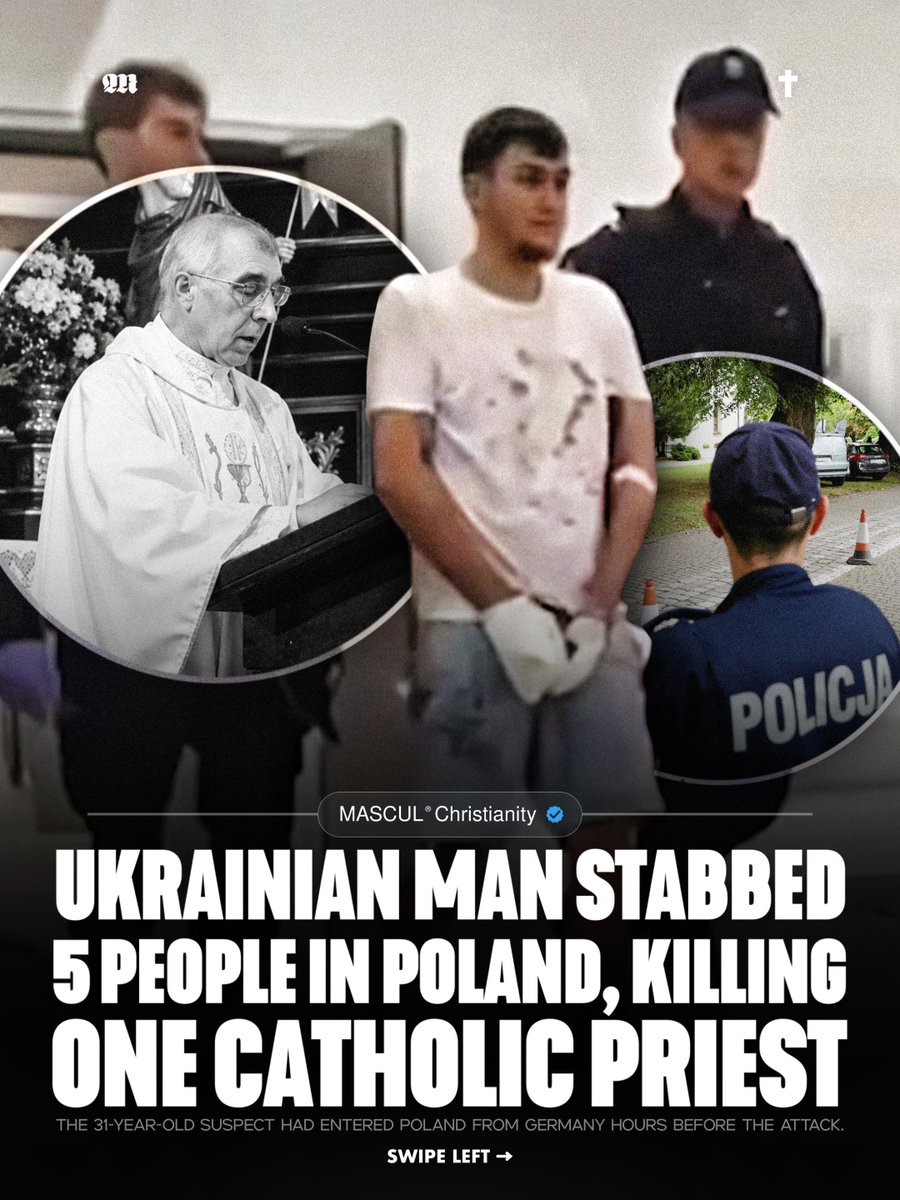 masculchristian's tweet photo. A 31-year-old Ukrainian man stabbed five people at a Benedictine abbey in Jarosław, Poland, killing Catholic priest Fr. Stanisław Zbojnowicz and injuring four others. The suspect was arrested shortly after the attack, while authorities continue to investigate the motive. Ukrainian President Volodymyr Zelenskyy condemned the killing and said, “Justice must be done.”