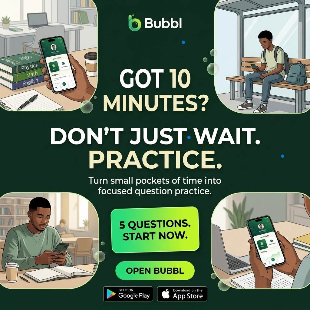 withbubbl's tweet photo. Got 10 minutes?
Turn it into progress.
π Practice 5 questions.
π― Build consistency.
π Improve daily.
Open Bubbl and start now.
π Visit Bubbl
#BubblApp #StudySmart #JAMBPrep #WAECPrep #ExamPrep #MicroLearning #EdTech #EducationNG https://t.co/AApqiOEpoM