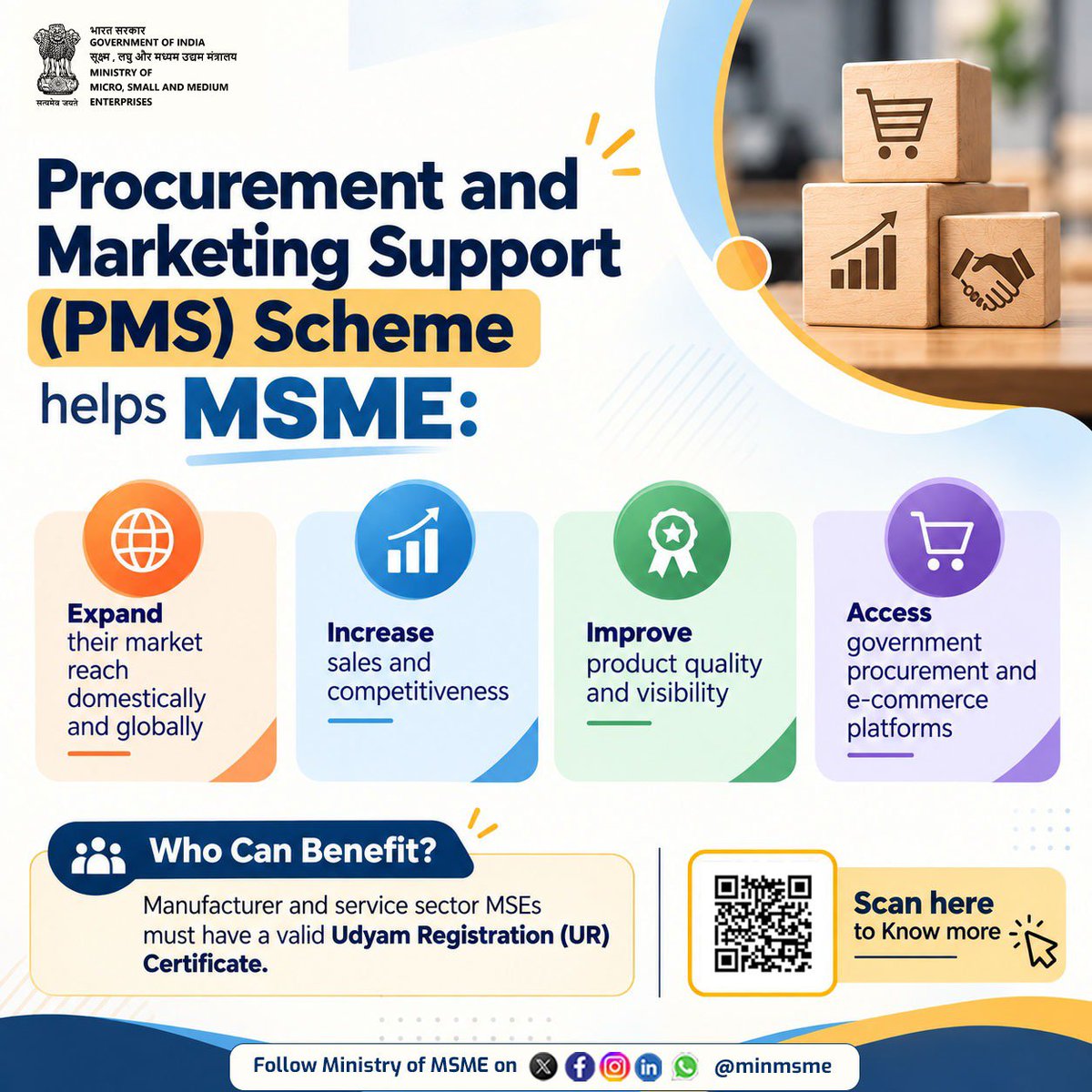 minmsme's tweet photo. MSME can now showcase their products at trade fairs, improve packaging, and explore new markets with the PMS Scheme.

#UdyamiBharatViksitBharat #MSME #entrepreneur #employment #empowerment https://t.co/qaJ3Uz1iUq