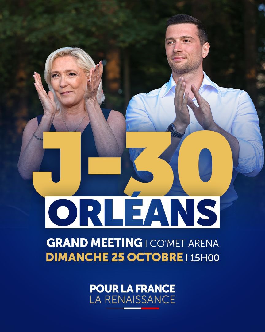 RNational_off's tweet photo. 🇫🇷 J-30 avant le grand meeting de lancement de la campagne présidentielle à Orléans !

@MLP_officiel et @J_Bardella vous donnent rendez-vous au CO’Met Arena à partir de 15h !

🚀 Inscription gratuite sur https://t.co/kBSD0F4eJW https://t.co/cIPQMS5sim