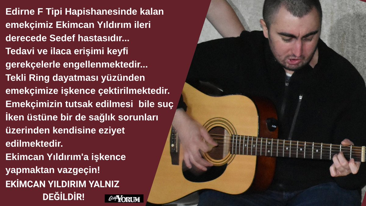 _GrupYorumX's tweet photo. Edirne F Tipi Hapishanesi'nde tutsak emekçimiz Ekimcan Yıldırım'ın tedavi hakkı gasp ediliyor...
Ekimcan Yıldırım'ın başına gelebilecek en ufak şeyden Edirne F Tipi Hapishane idaresi ve Adalet Bakanlığı sorumludur...

TEDAVİ HAKKI ENGELLENEMEZ!
EKİMCAN YILDIRIM YALNIZ DEĞİLDİR! https://t.co/znKx80hpB4